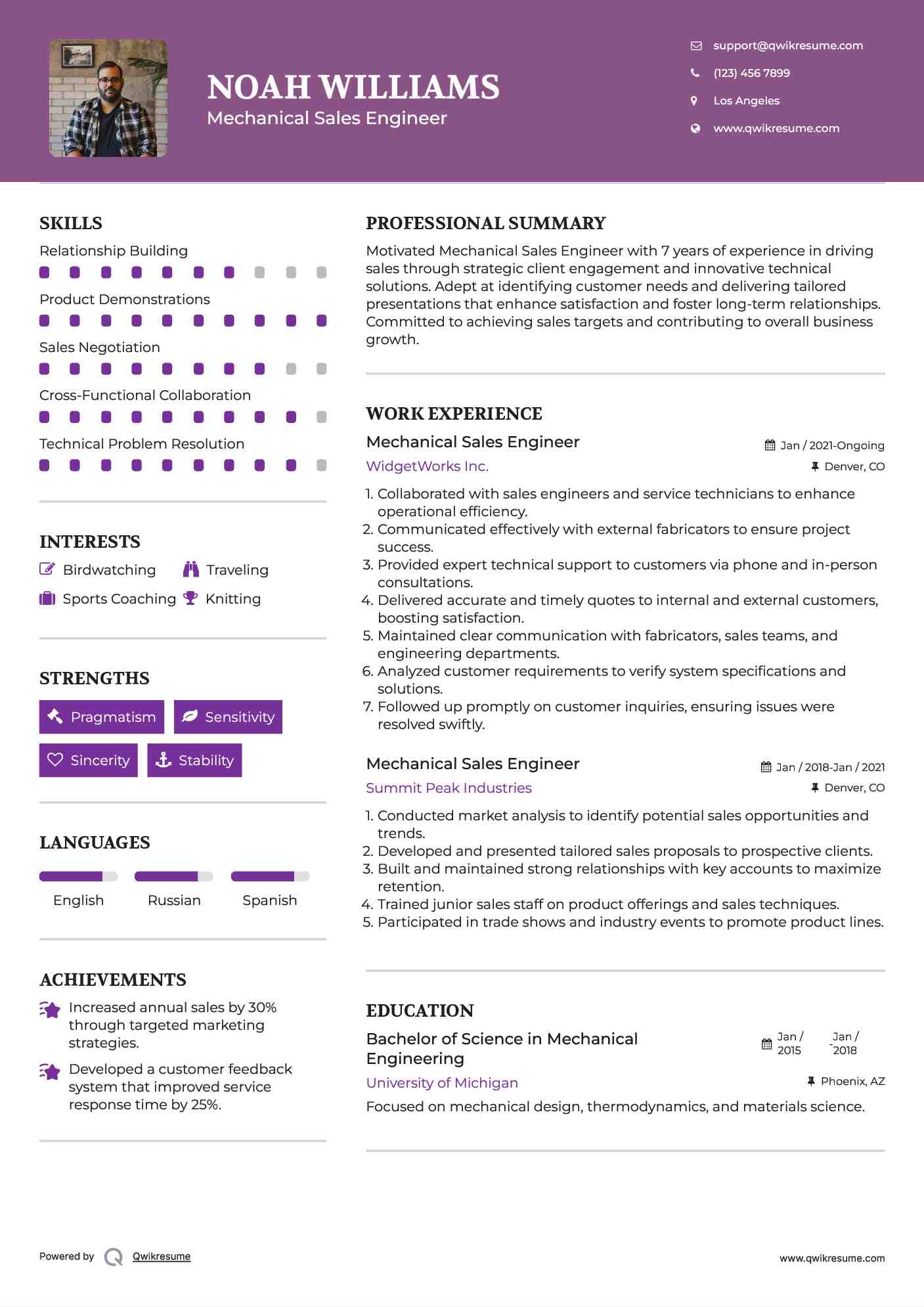 Mechanical Sales Engineer Resume Sample