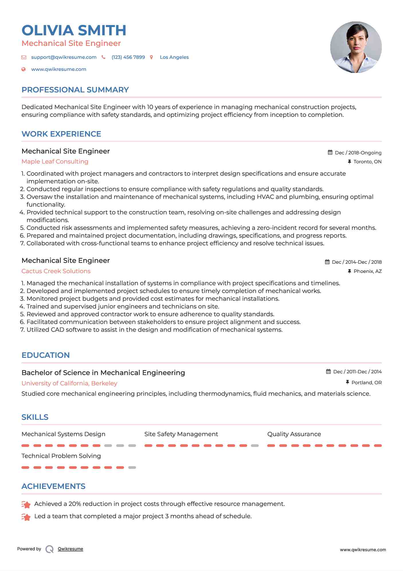 Mechanical Site Engineer Resume Template
