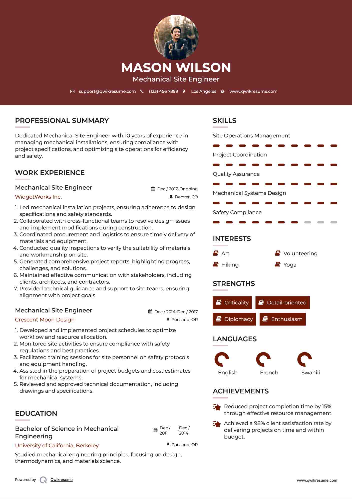 Mechanical Site Engineer Resume Model
