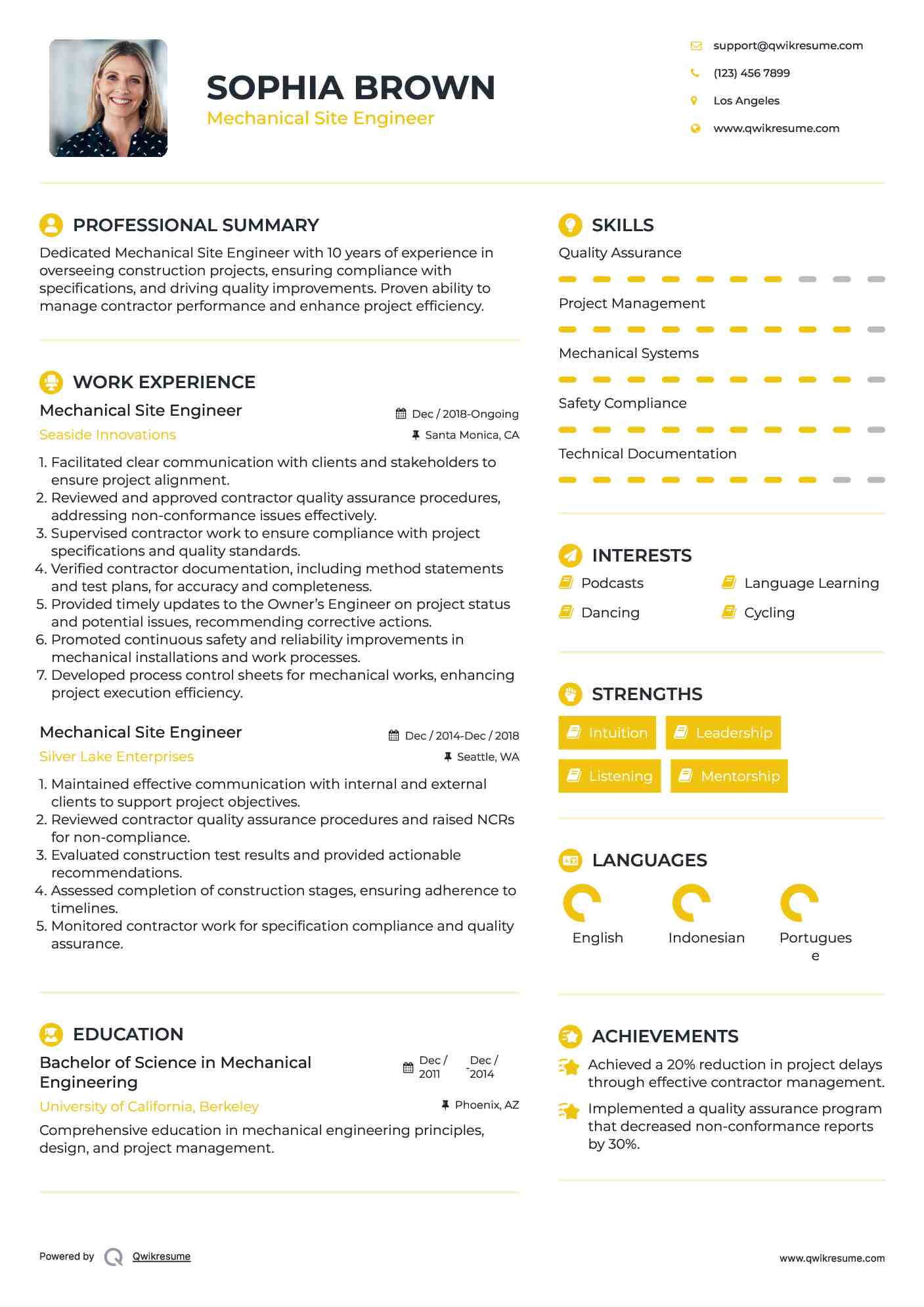Mechanical Site Engineer Resume Model