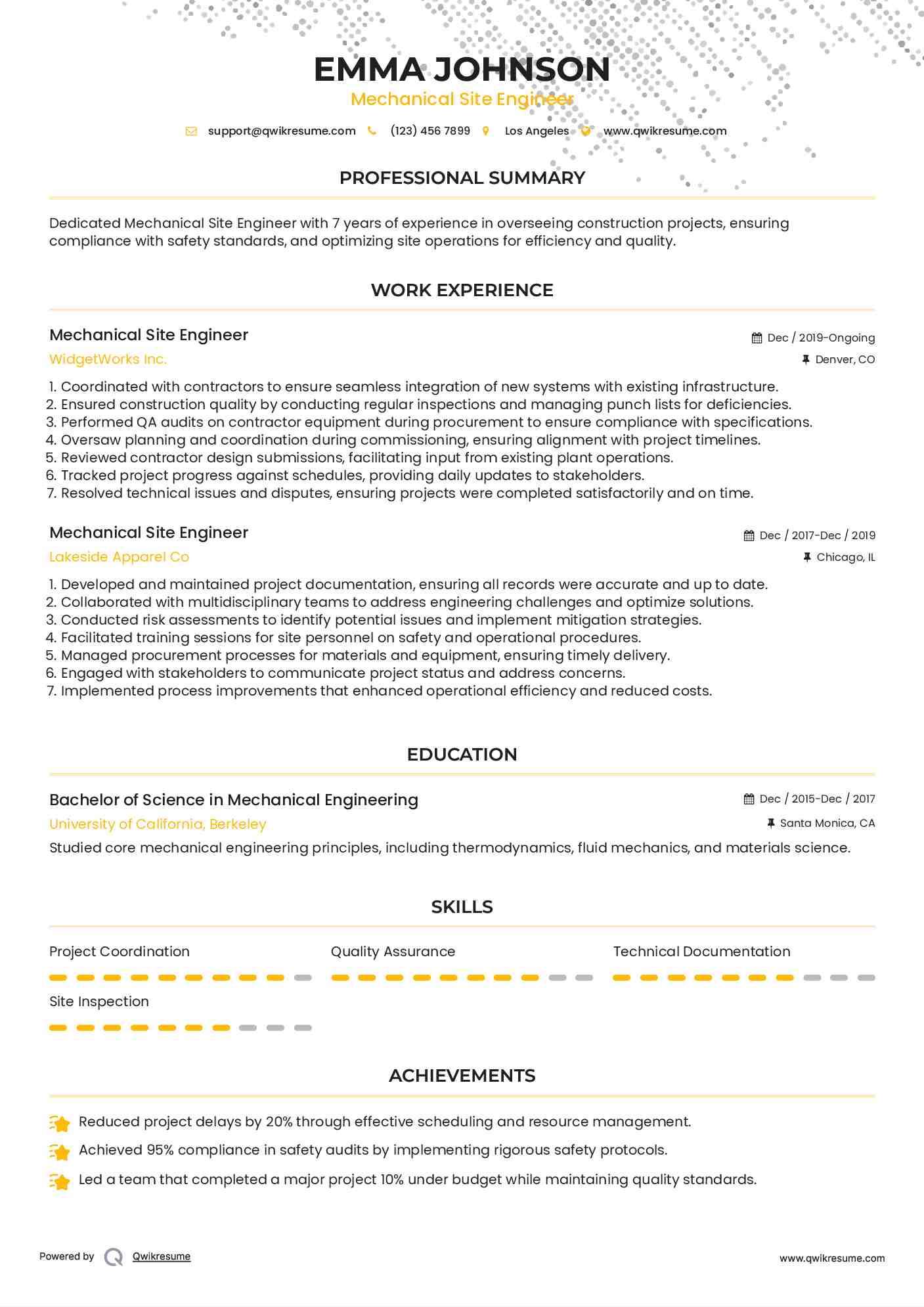 Mechanical Site Engineer Resume Format