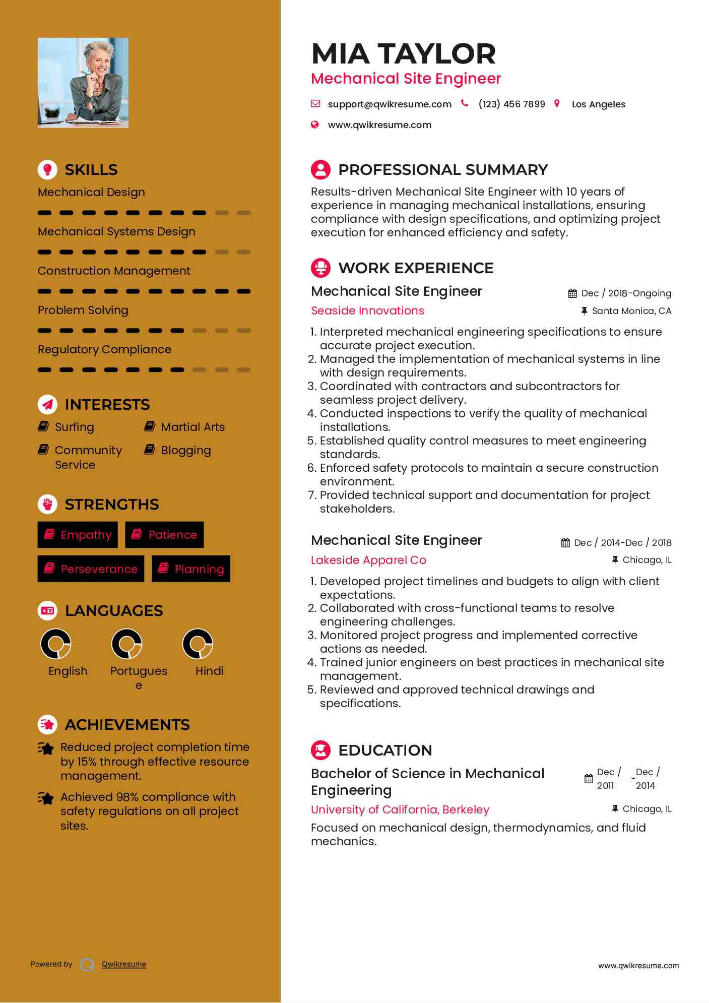 Mechanical Site Engineer Resume Format