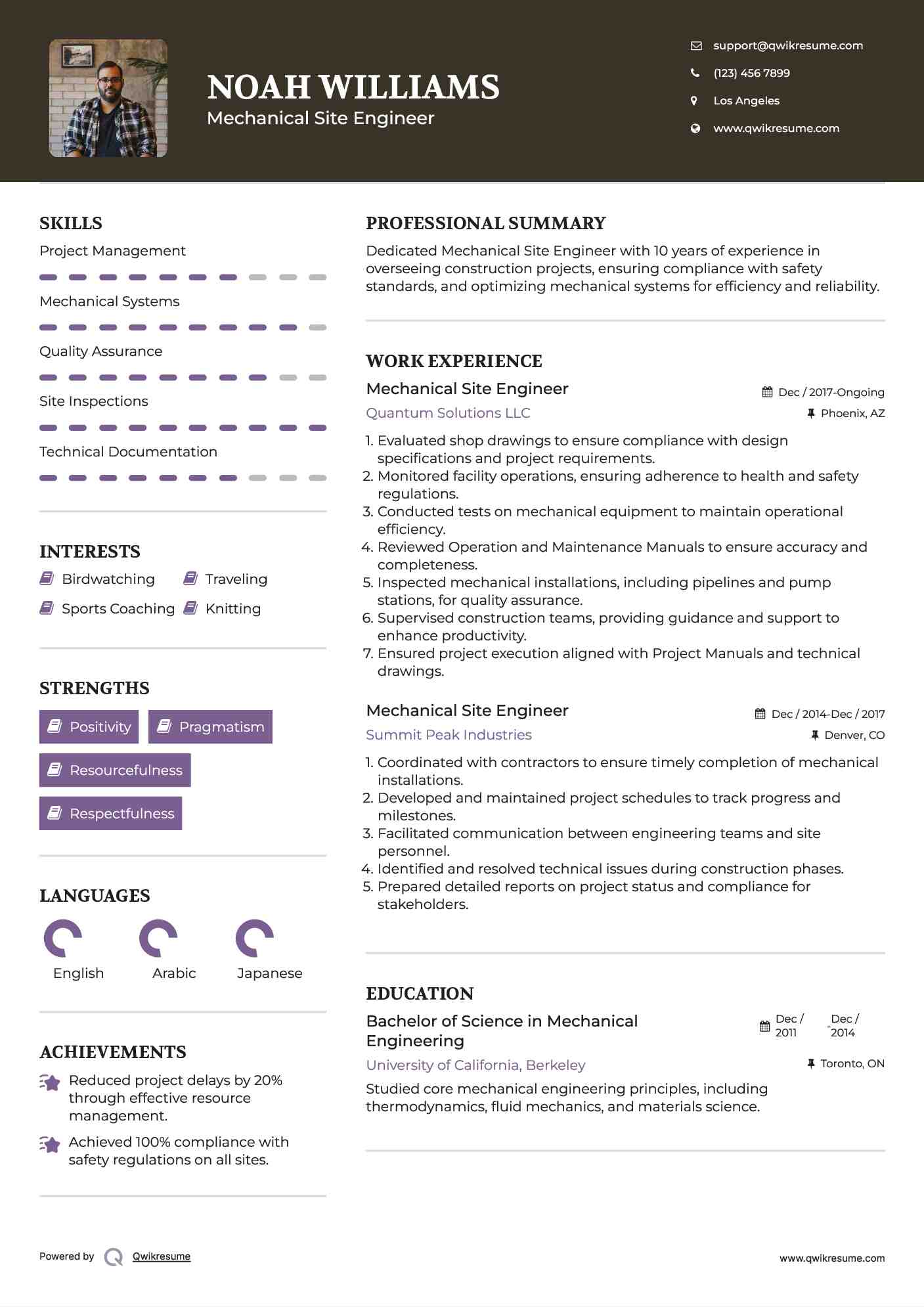 Mechanical Site Engineer Resume Example