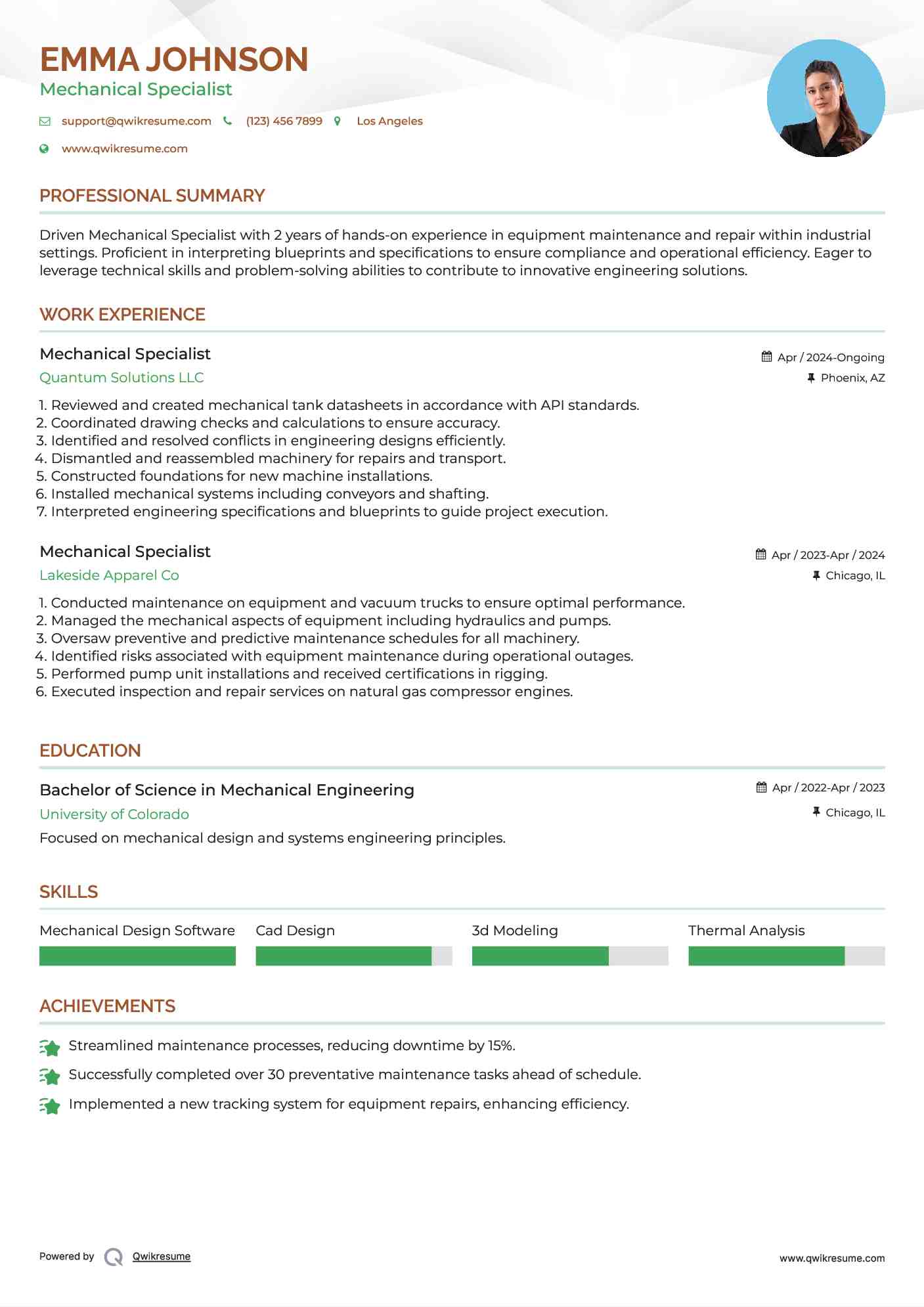 Mechanical Specialist Resume Format
