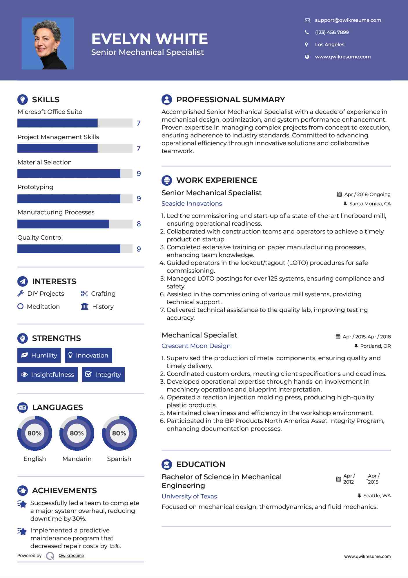 Senior Mechanical Specialist Resume Example