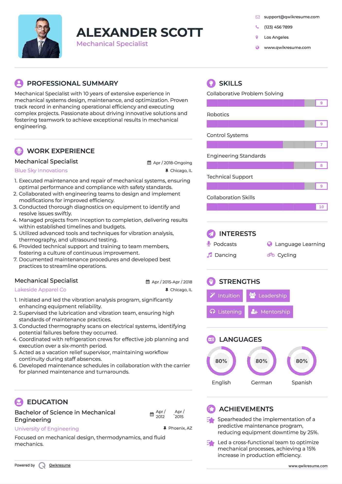 Mechanical Specialist Resume Template