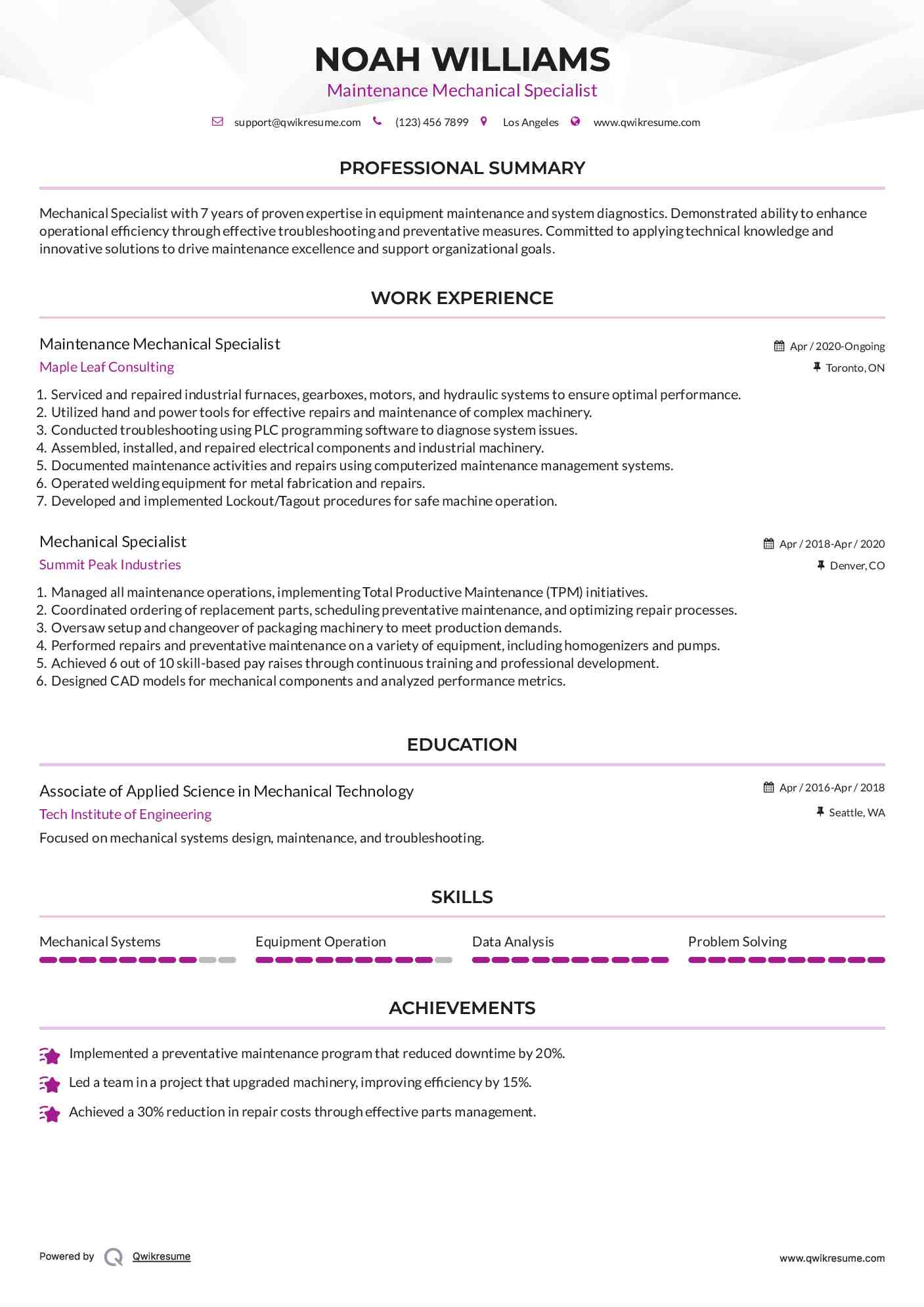 Maintenance Mechanical Specialist Resume Format