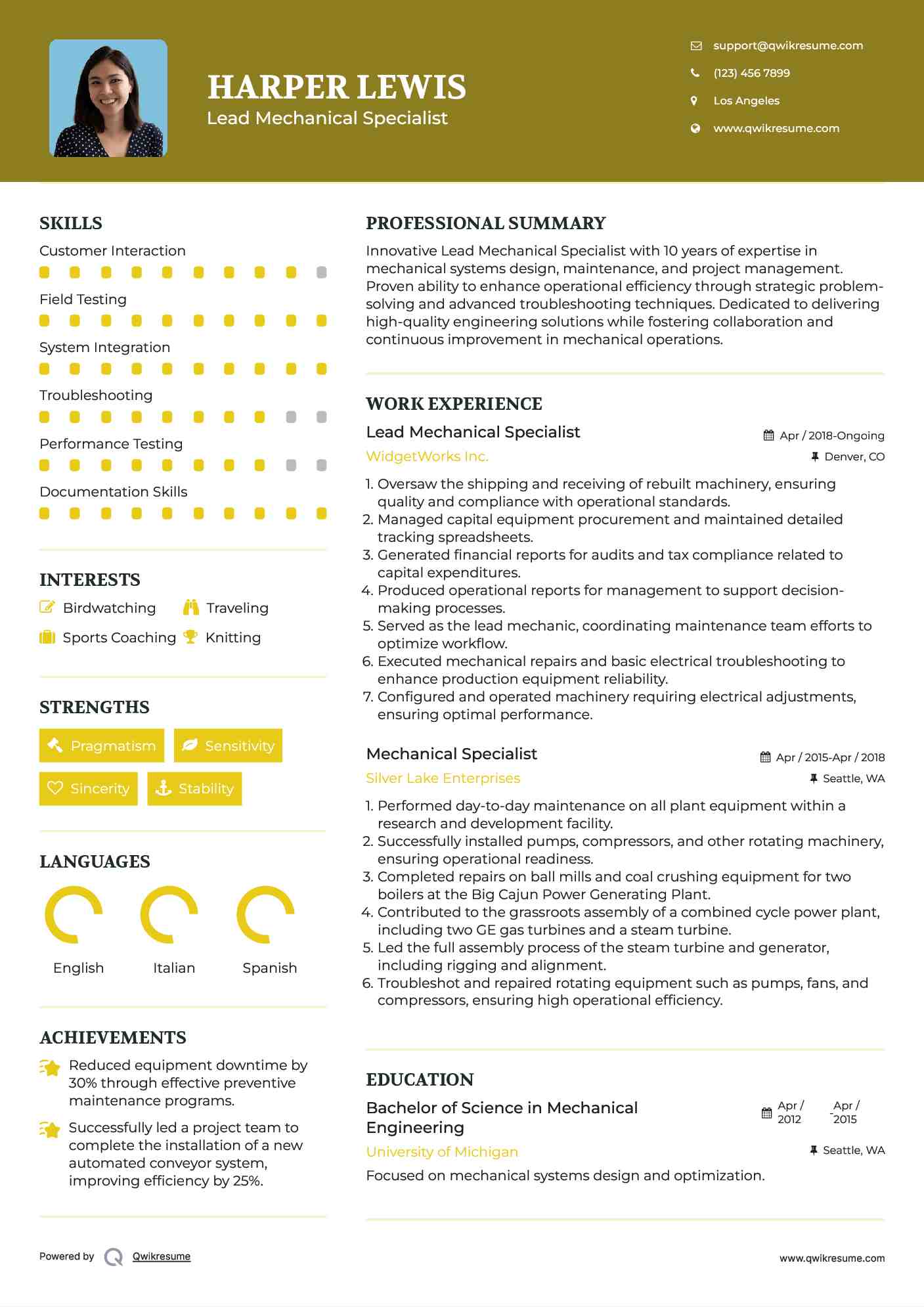 Lead Mechanical Specialist Resume Format