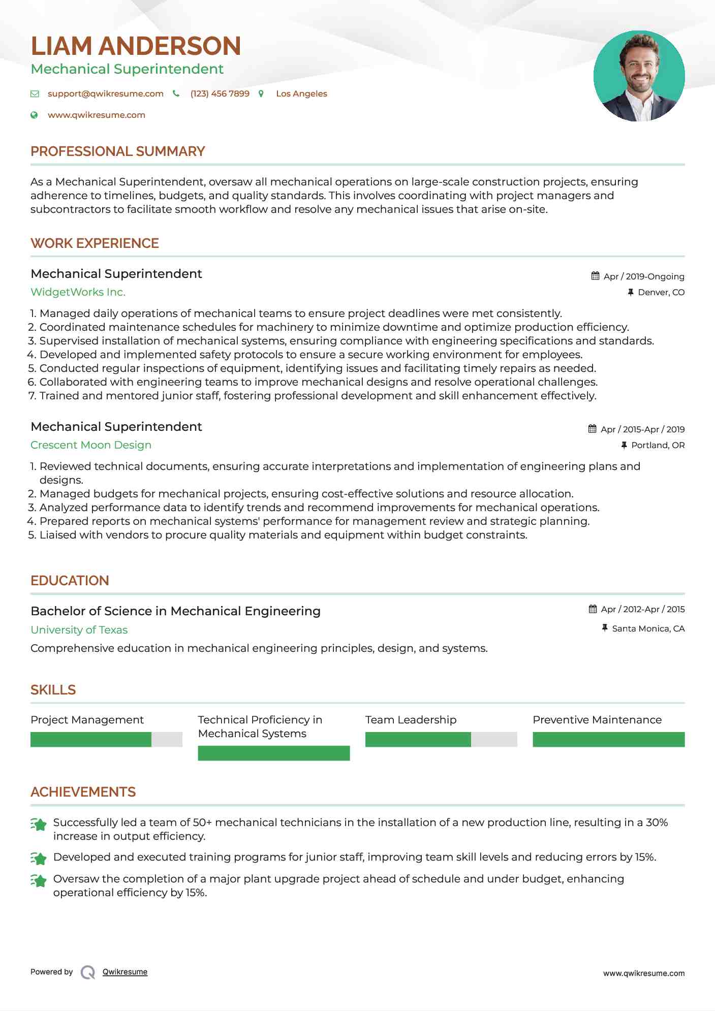 Mechanical Superintendent Resume Sample