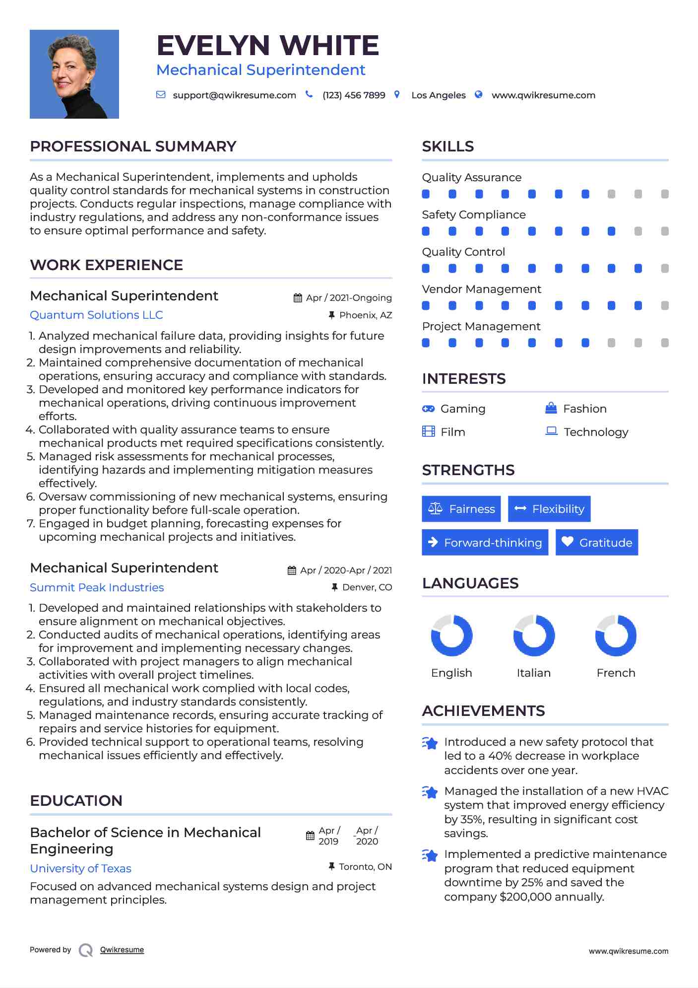 Mechanical Superintendent Resume Example