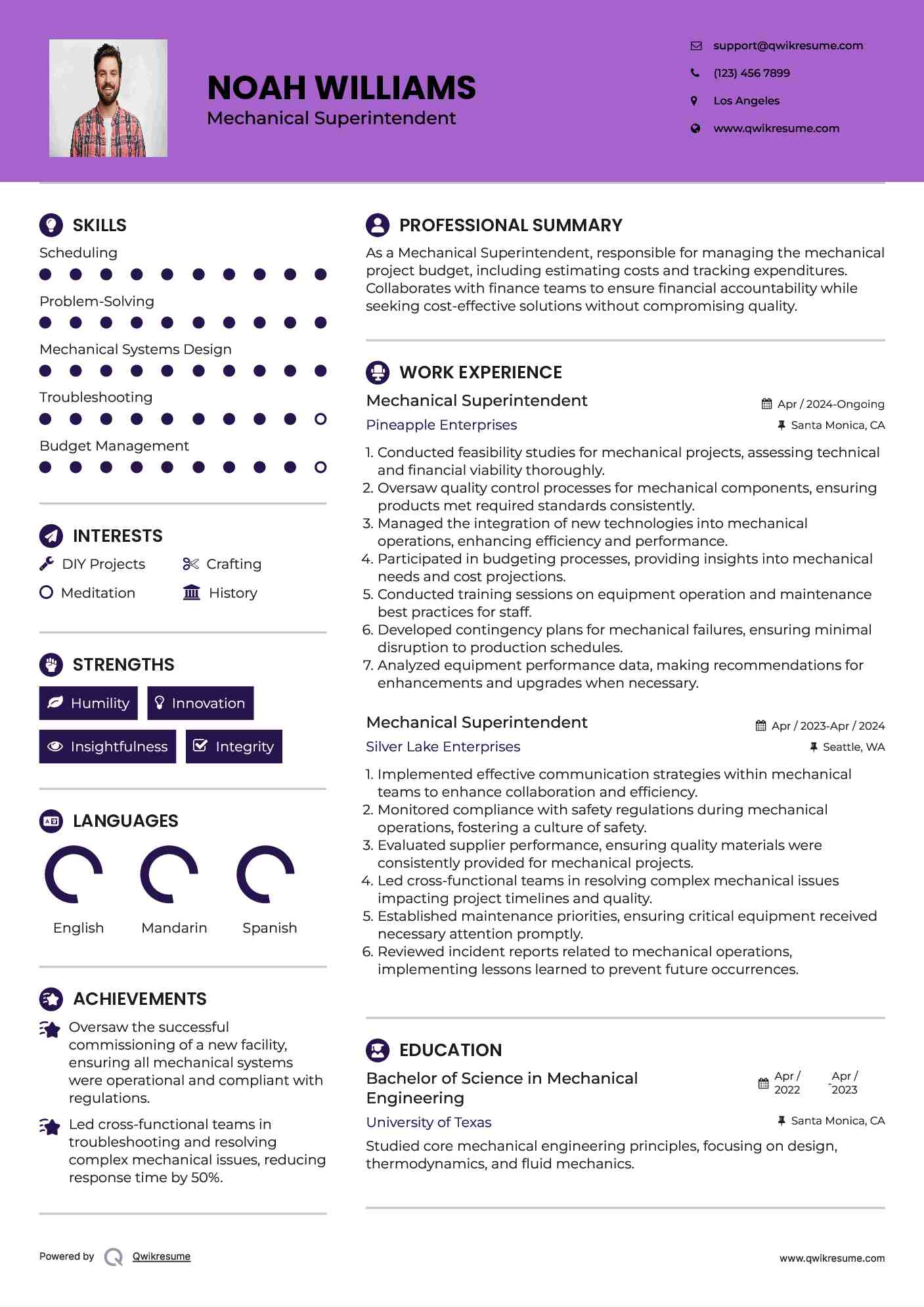 Mechanical Superintendent Resume Sample