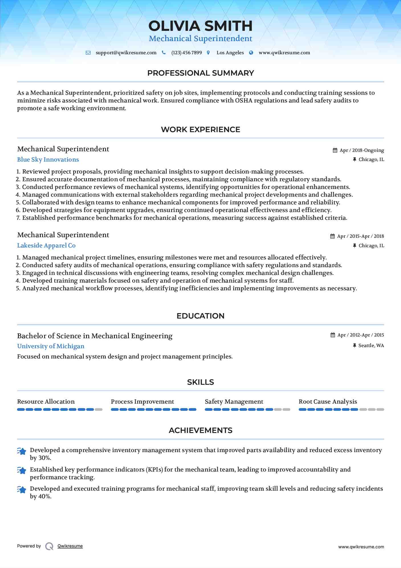 Mechanical Superintendent Resume Example