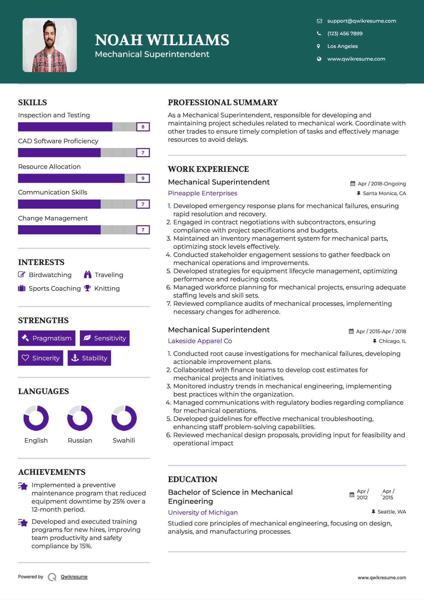 Mechanical Superintendent Resume Example