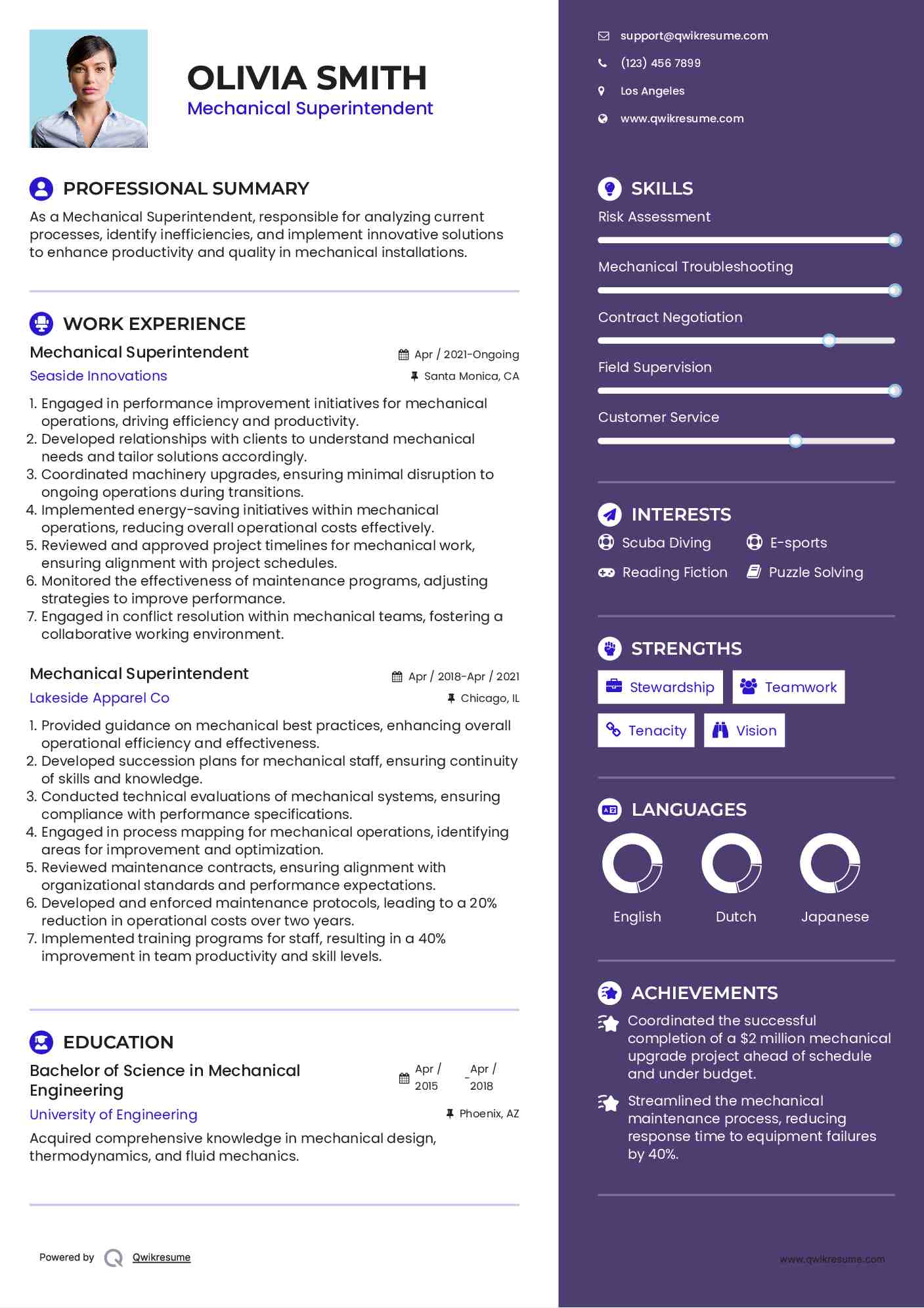 Mechanical Superintendent Resume Sample
