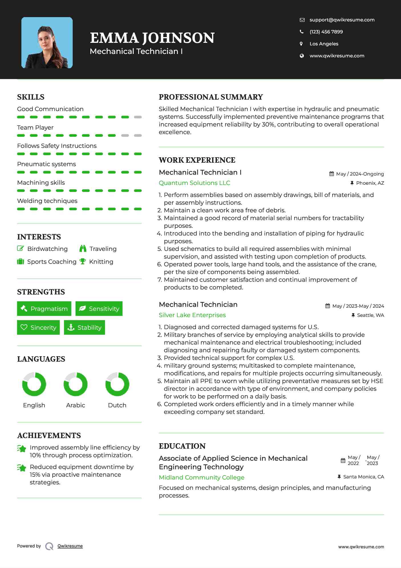 Mechanical Technician Resume Samples QwikResume