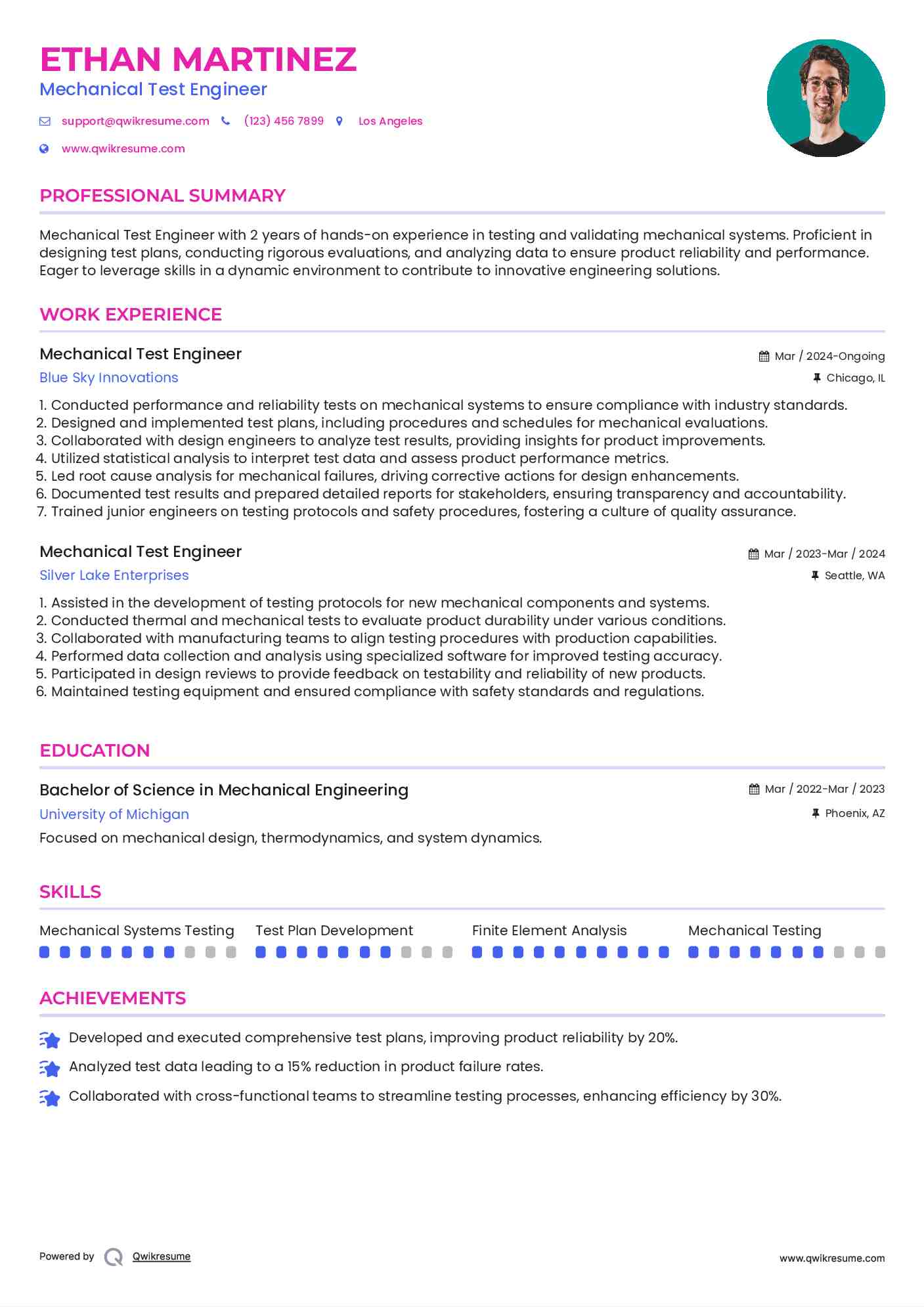 Mechanical Test Engineer Resume Samples QwikResume