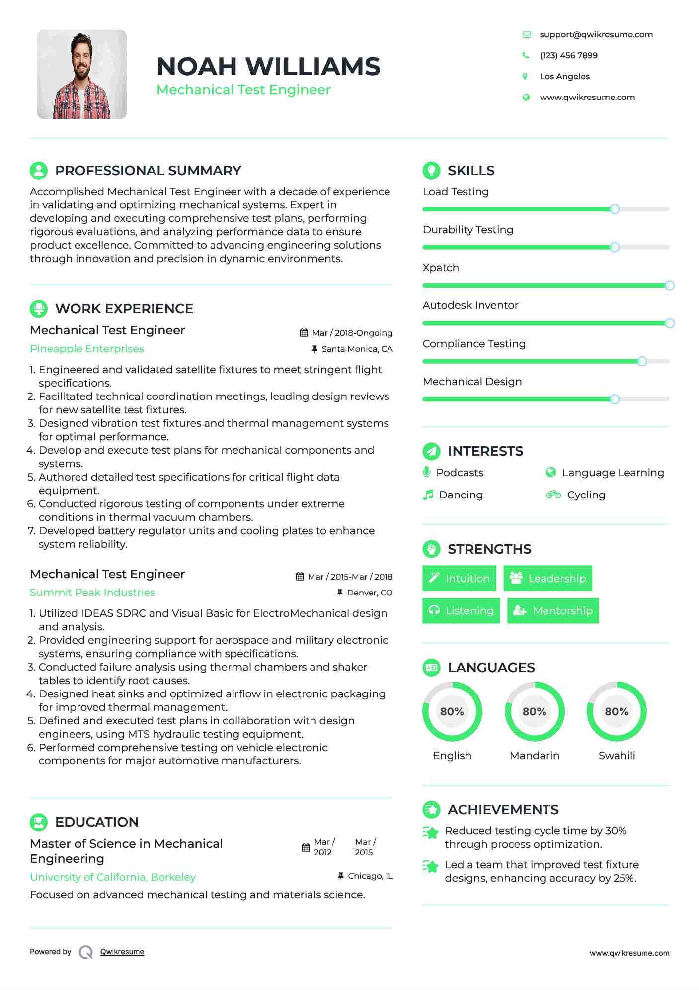Mechanical Test Engineer Resume Samples QwikResume