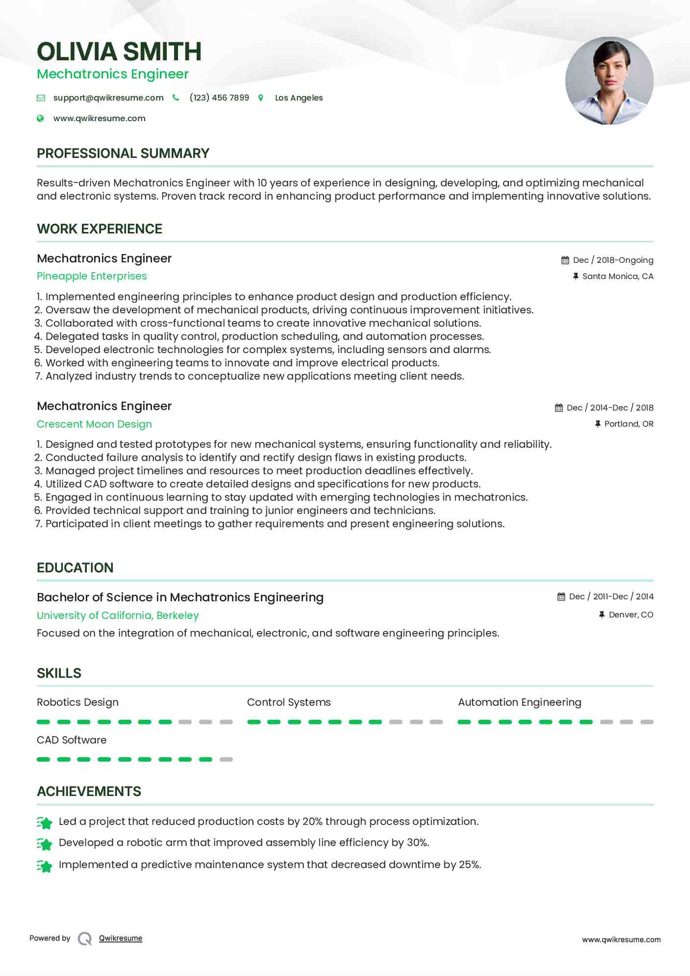 Mechatronics Engineer Resume Example