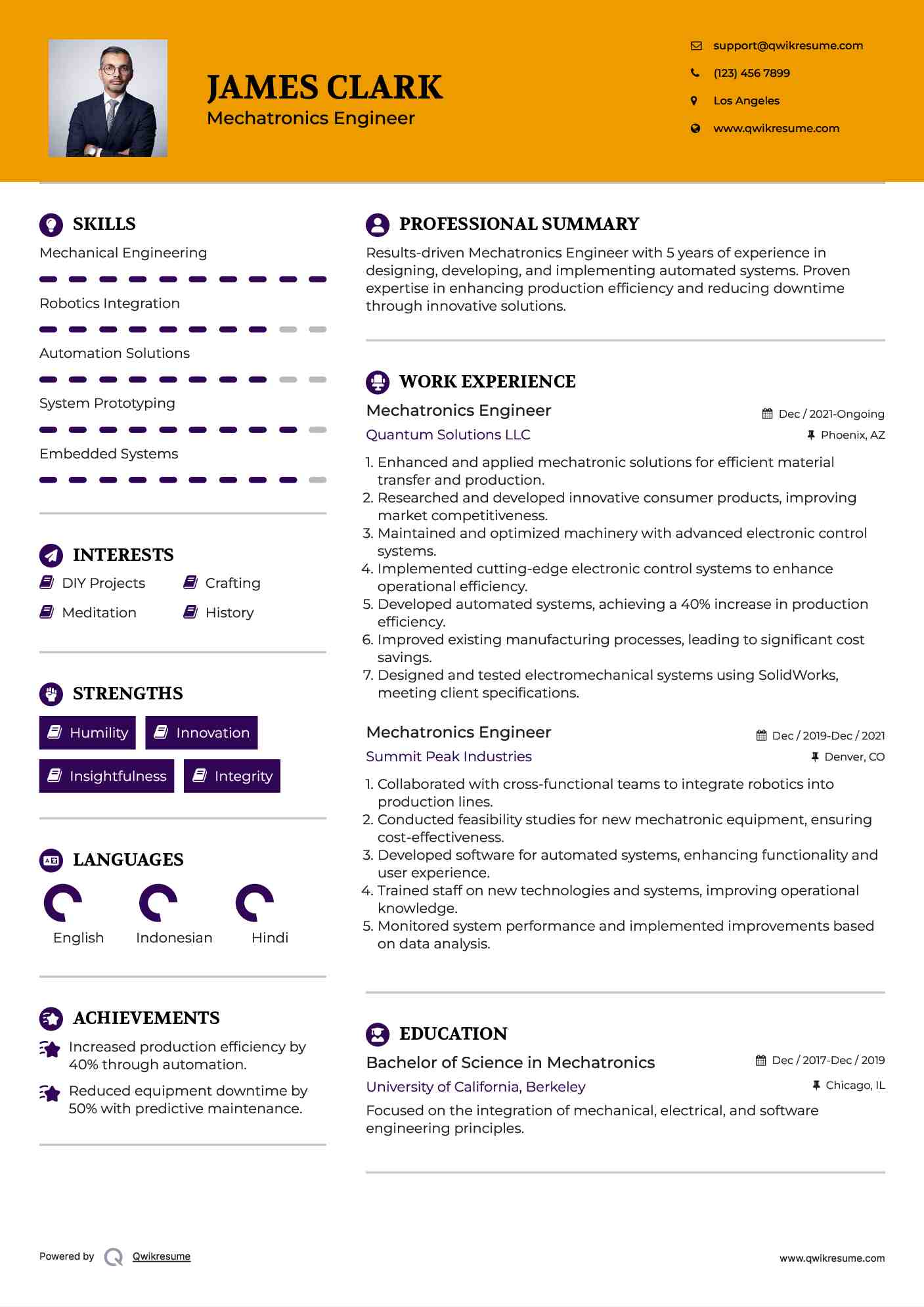 Mechatronics Engineer Resume Example