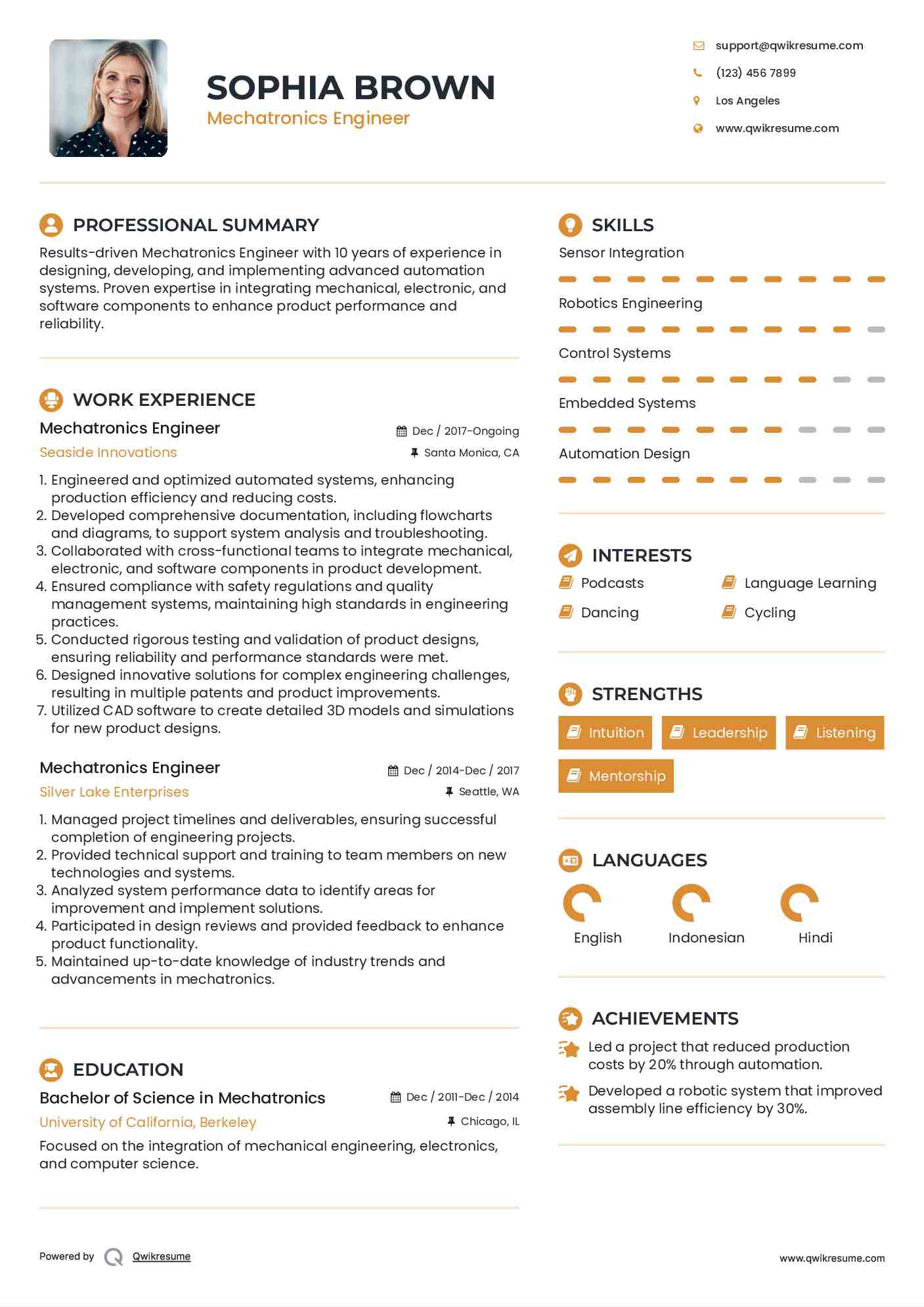 Mechatronics Engineer Resume Example