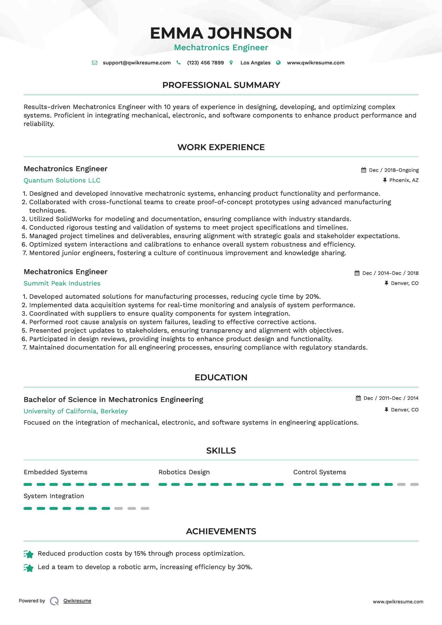 Mechatronics Engineer Resume Example
