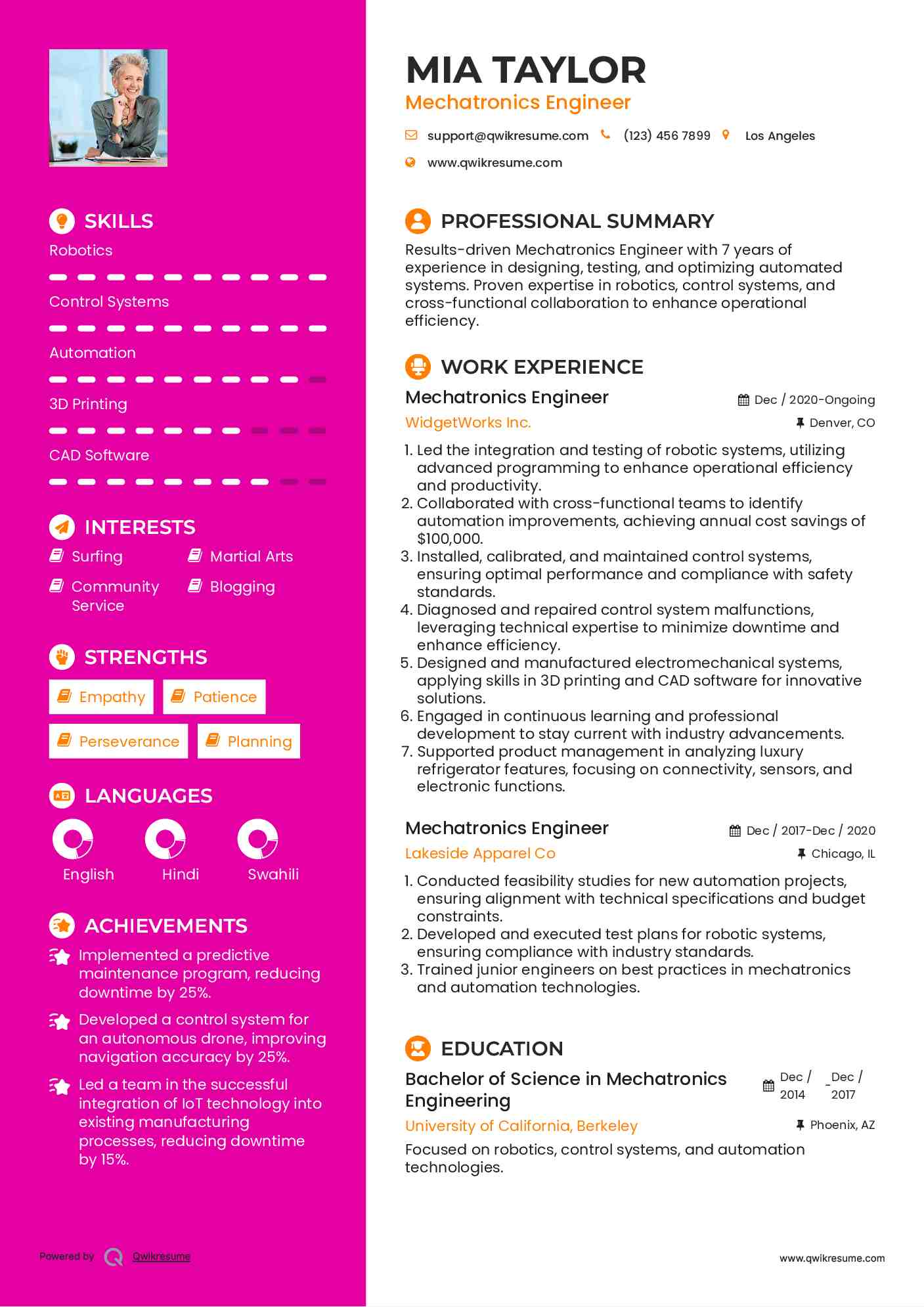 Mechatronics Engineer Resume Template