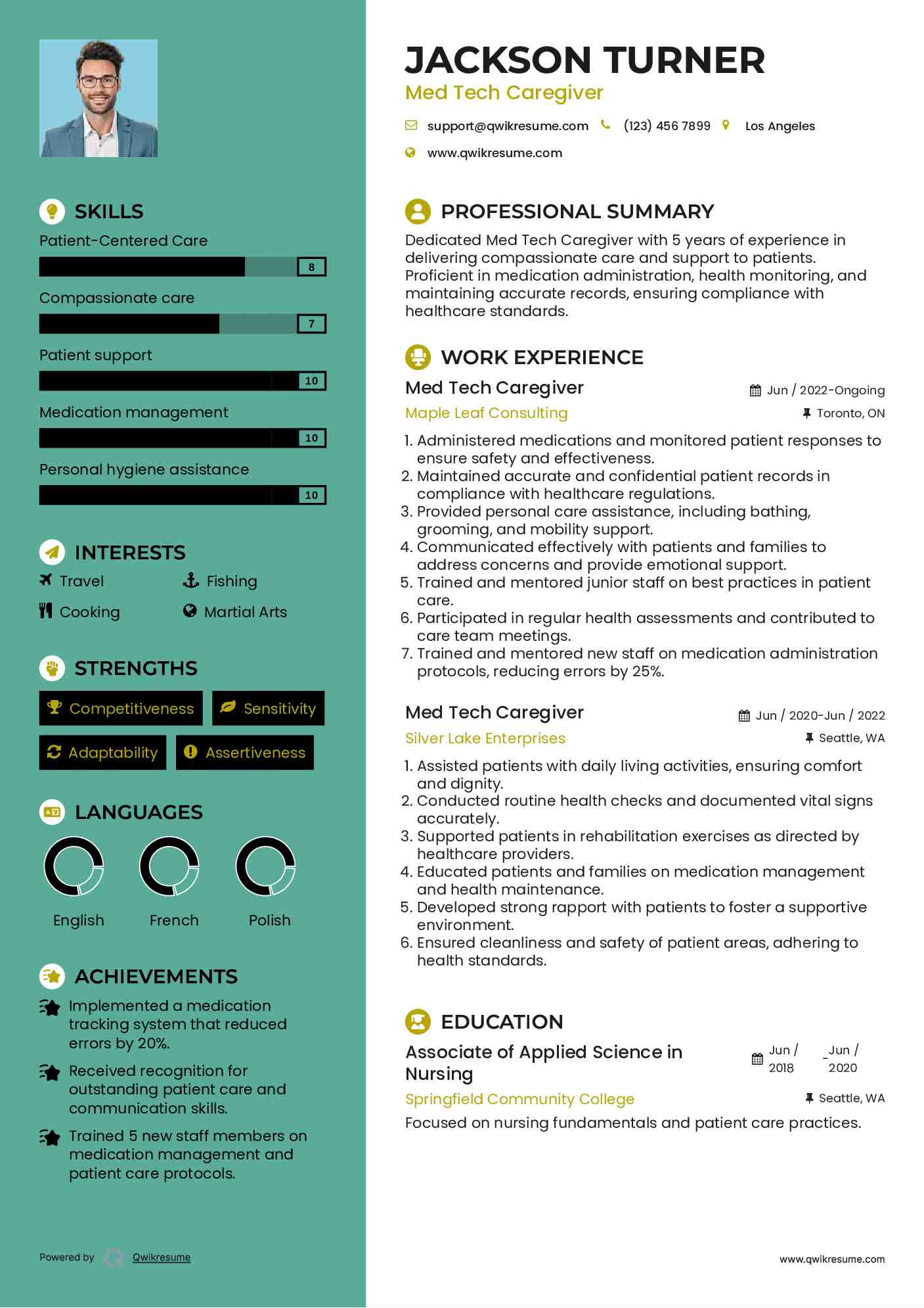 Med Tech Caregiver Resume Sample