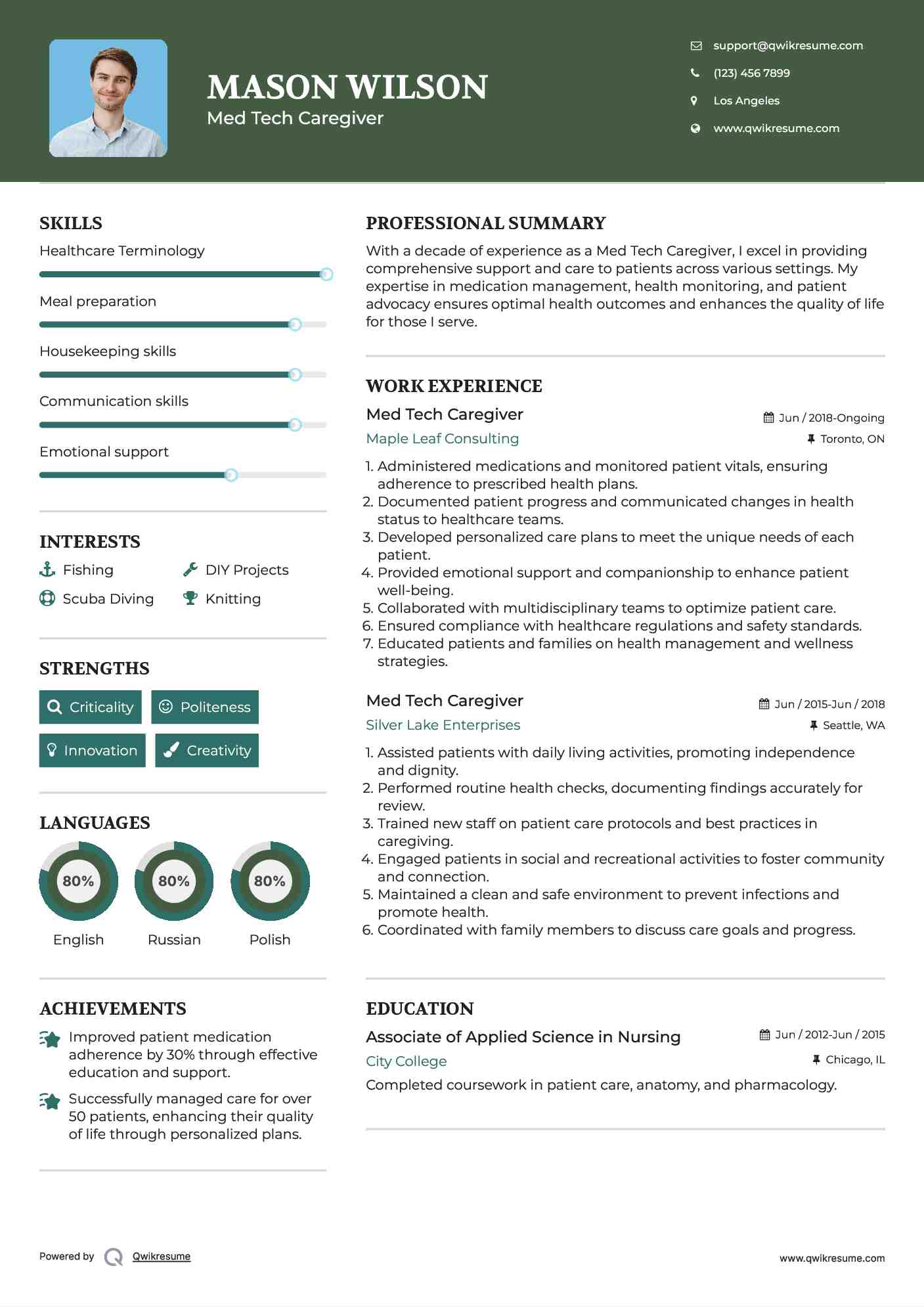 Med Tech Caregiver Resume Sample