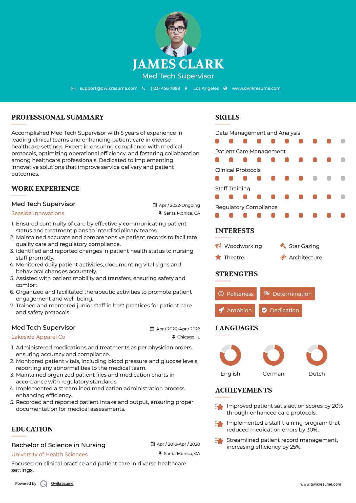 Med Tech Supervisor Resume Sample