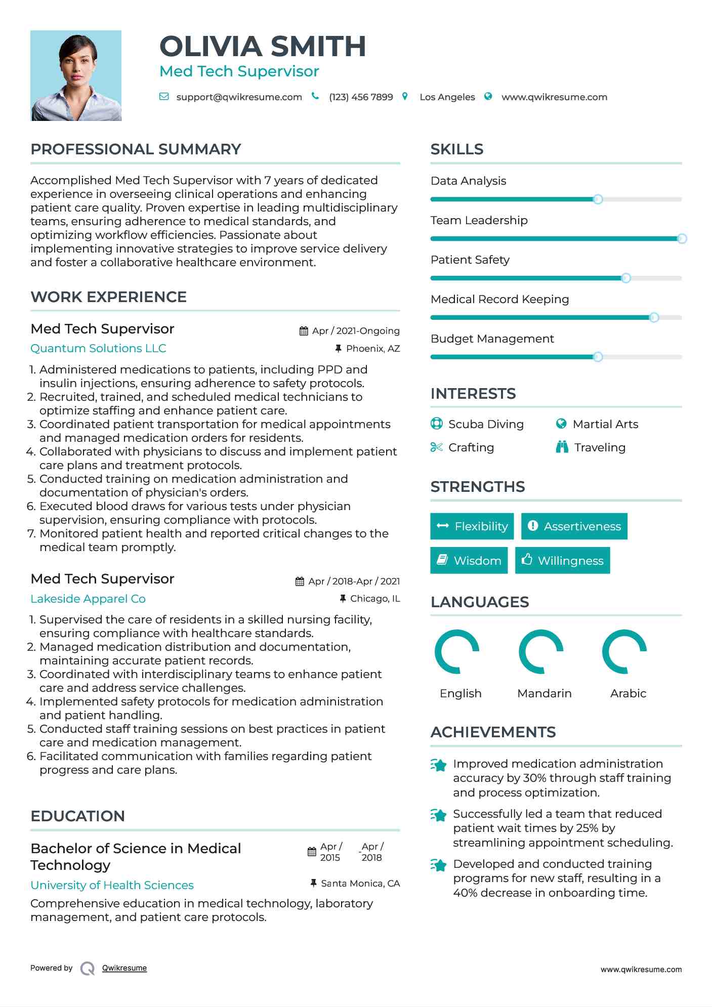 Med Tech Supervisor Resume Sample