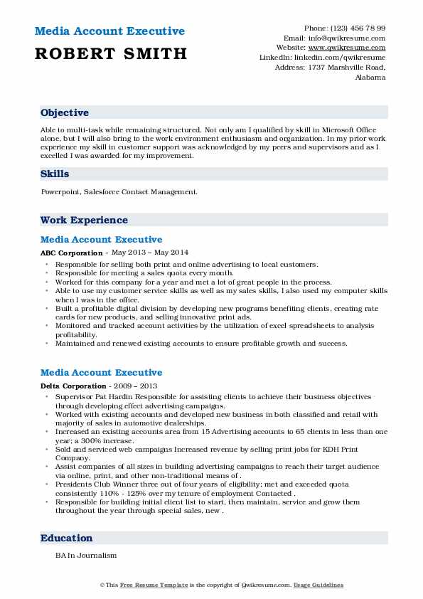 Media Account Executive Resume Samples QwikResume