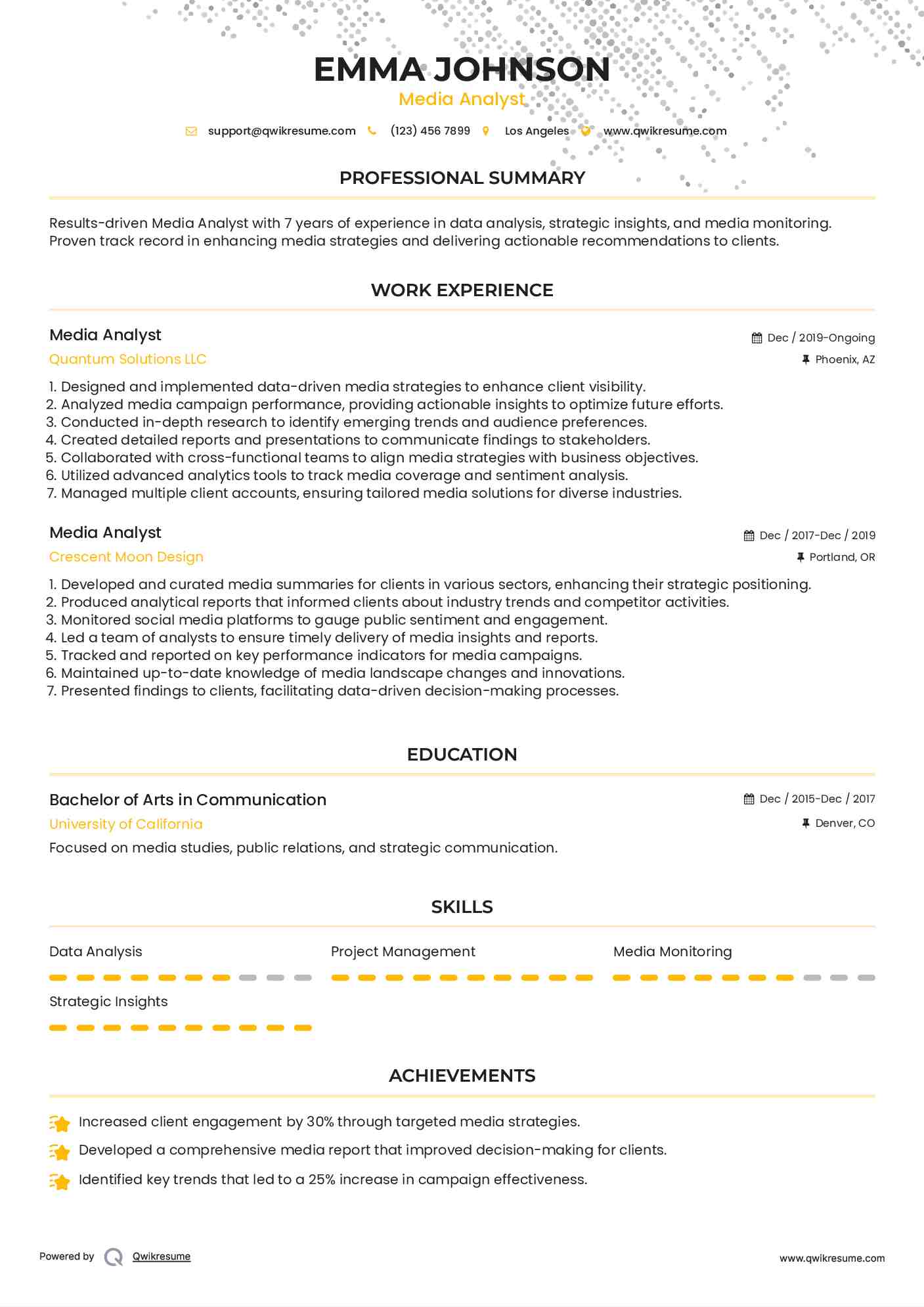 Media Analyst Resume Samples QwikResume