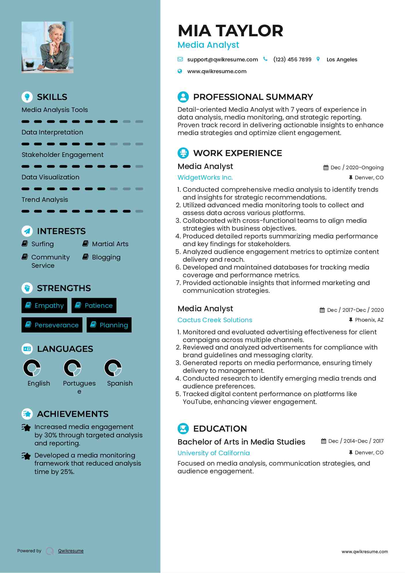 Media Analyst Resume Samples QwikResume
