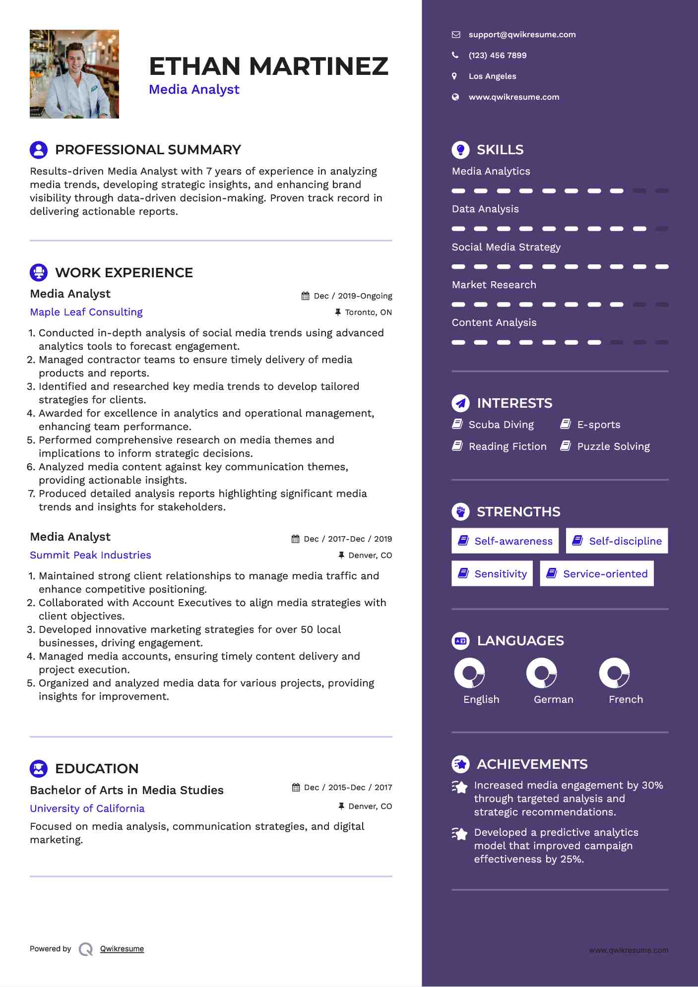 Media Analyst Resume Example