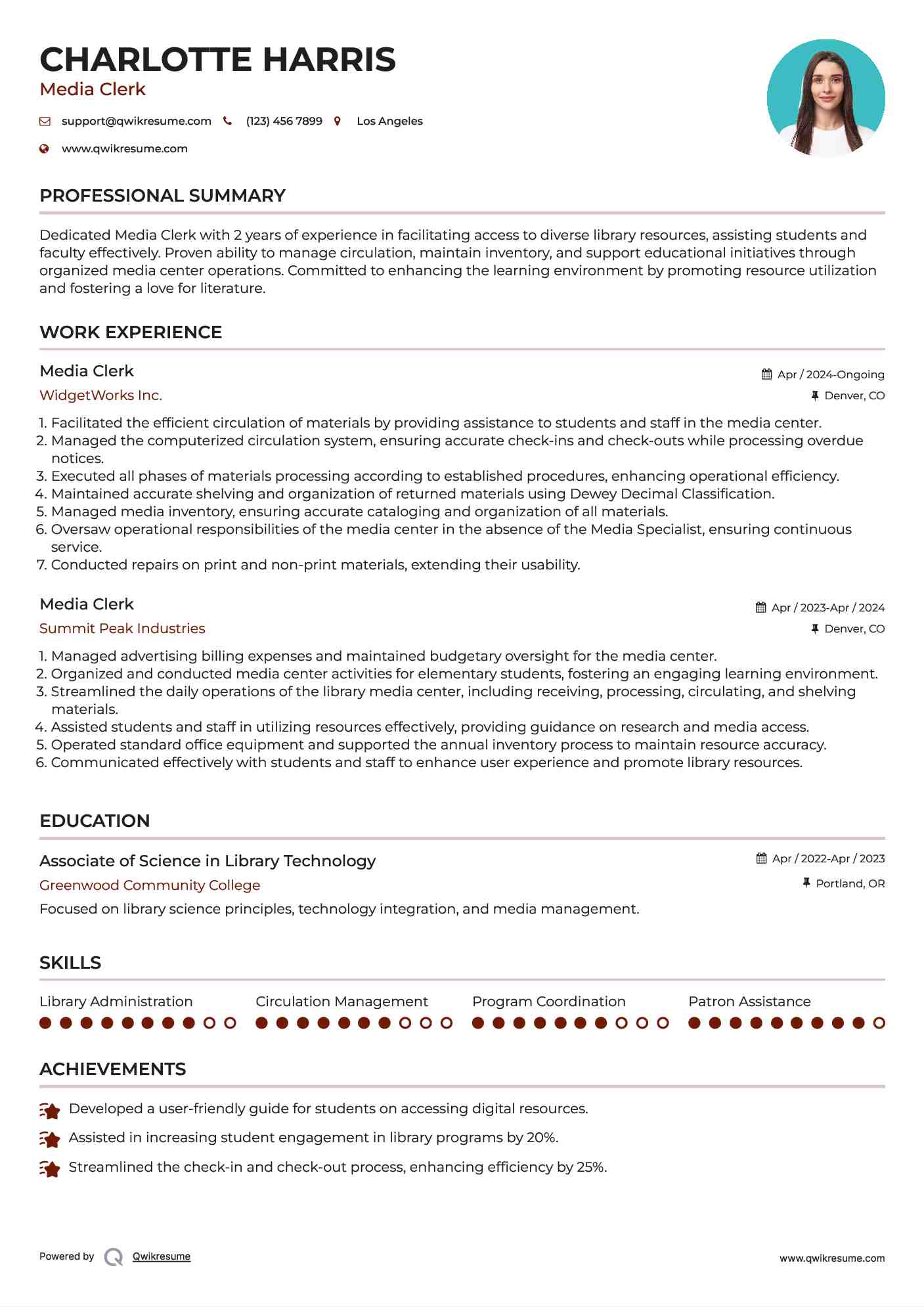 Media Clerk Resume Samples QwikResume