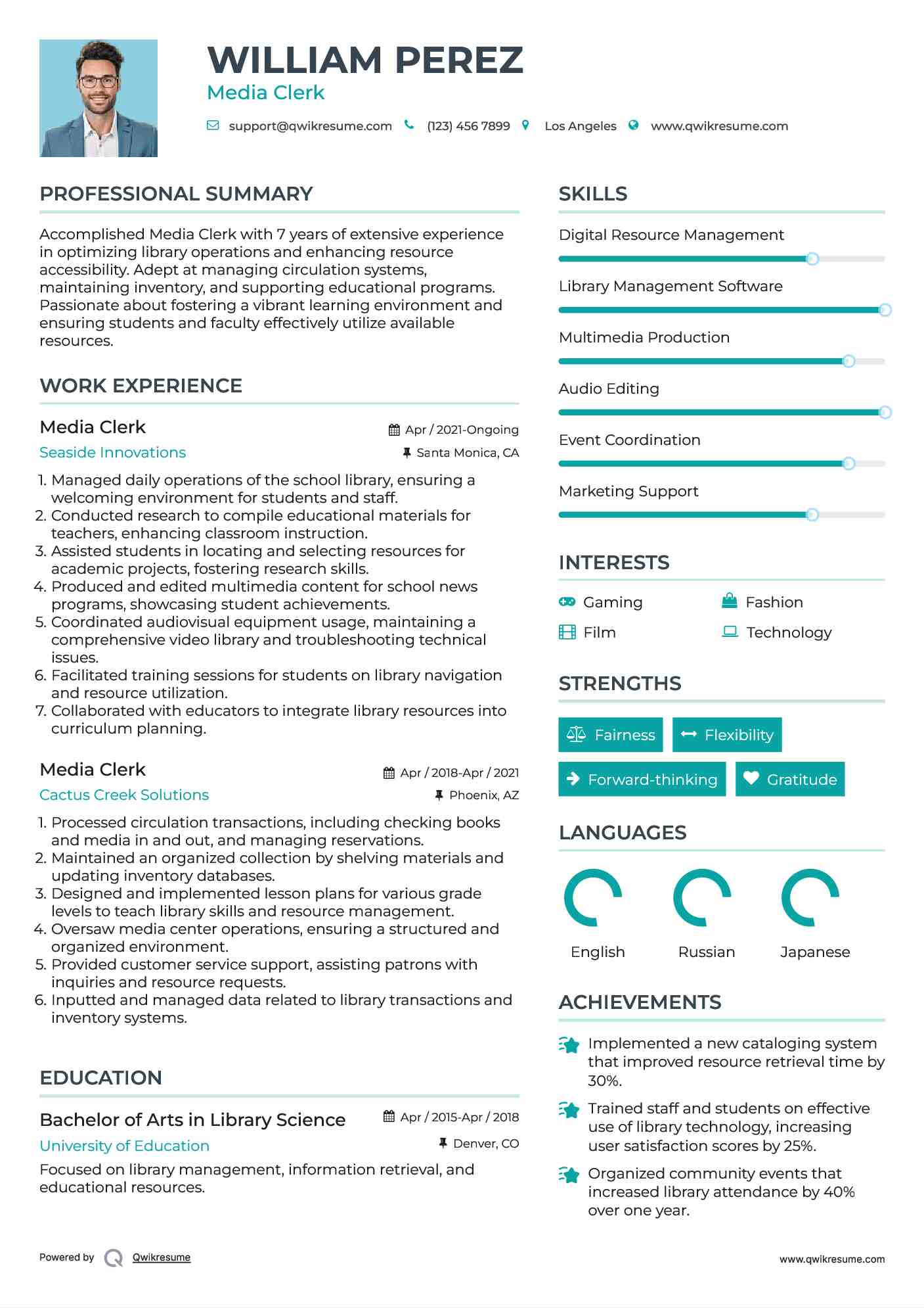 Media Clerk Resume Template