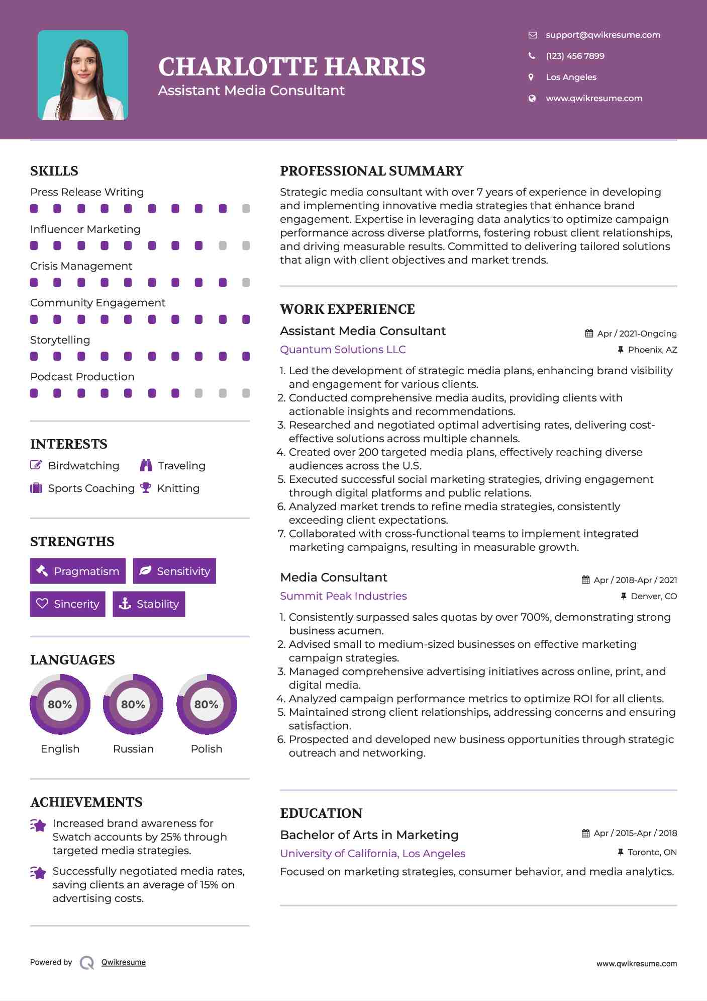 Assistant Media Consultant Resume Example
