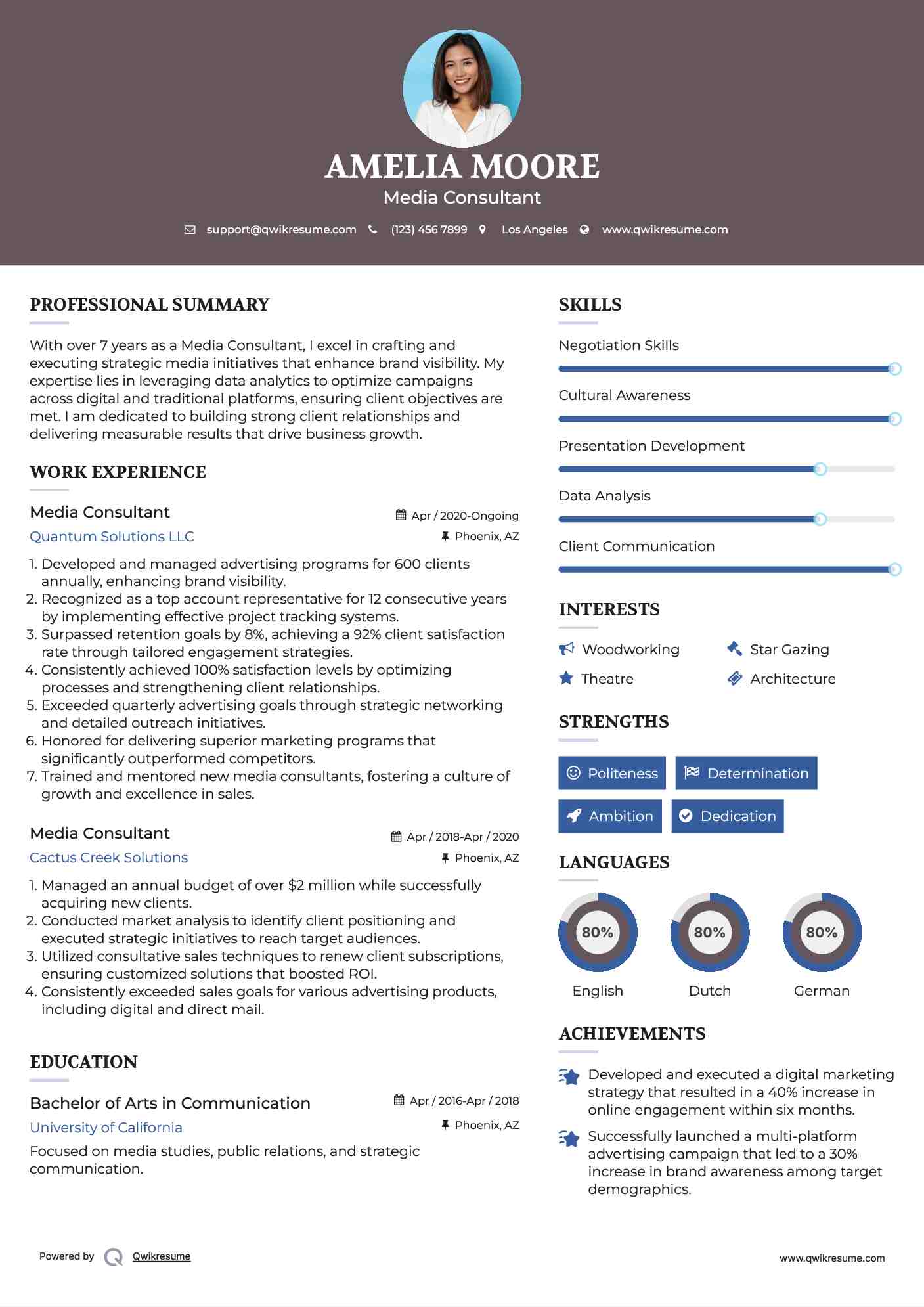 Media Consultant Resume Sample