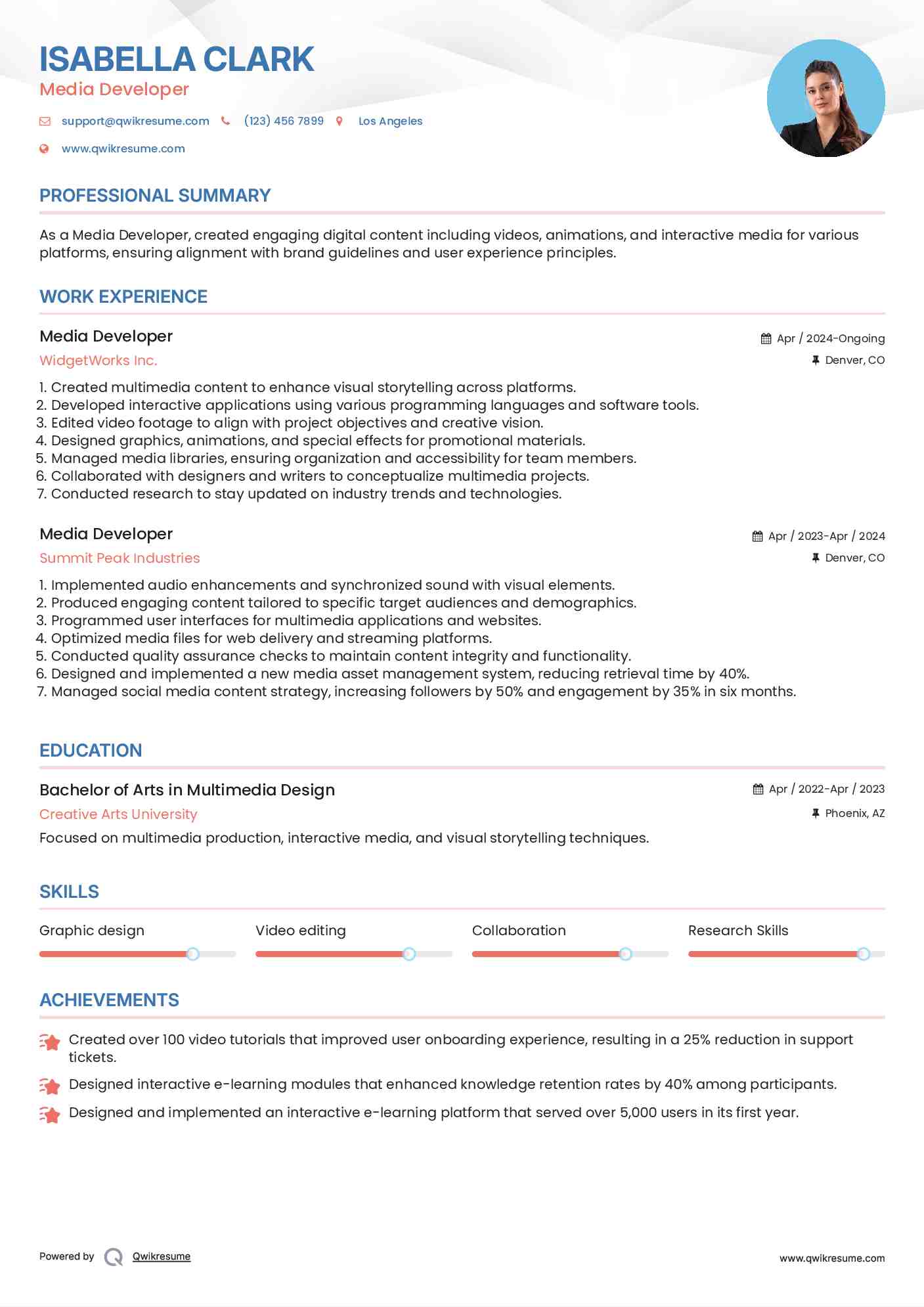 Media Developer Resume Model