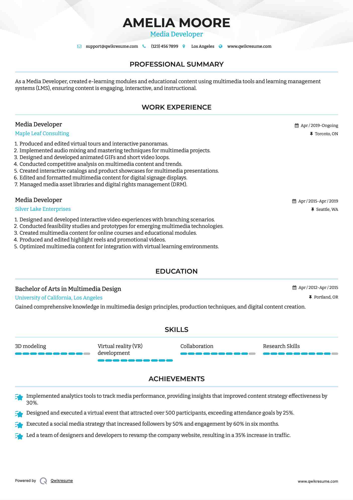 Media Developer Resume Template