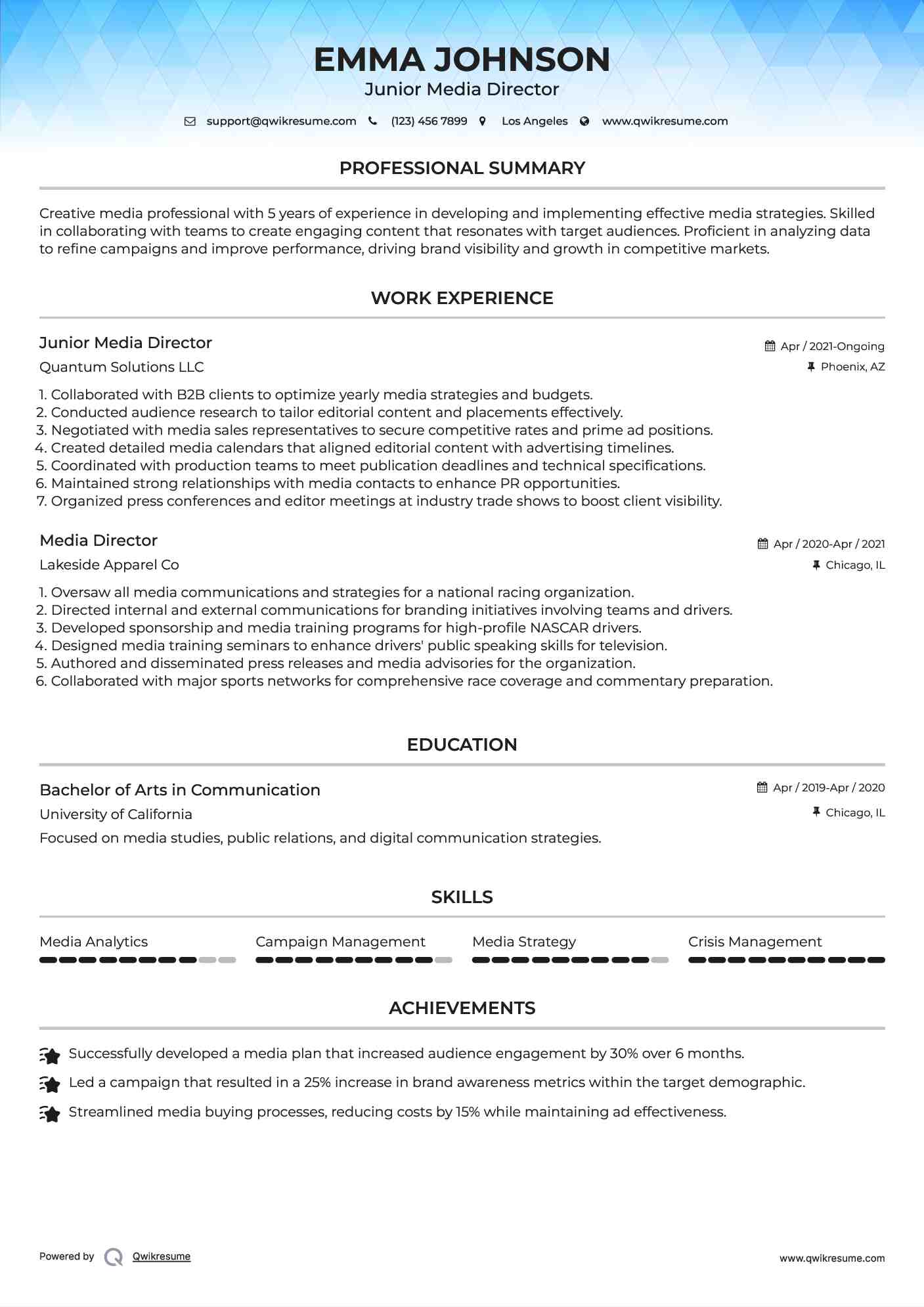 Junior Media Director
 Resume Format
