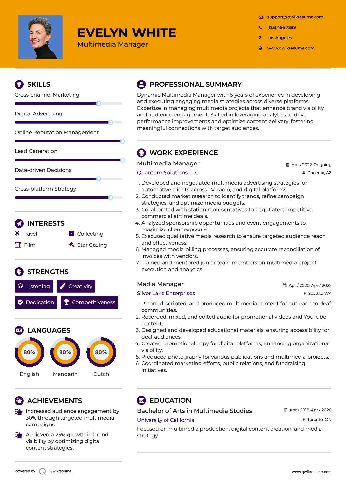 Multimedia Manager Resume Sample