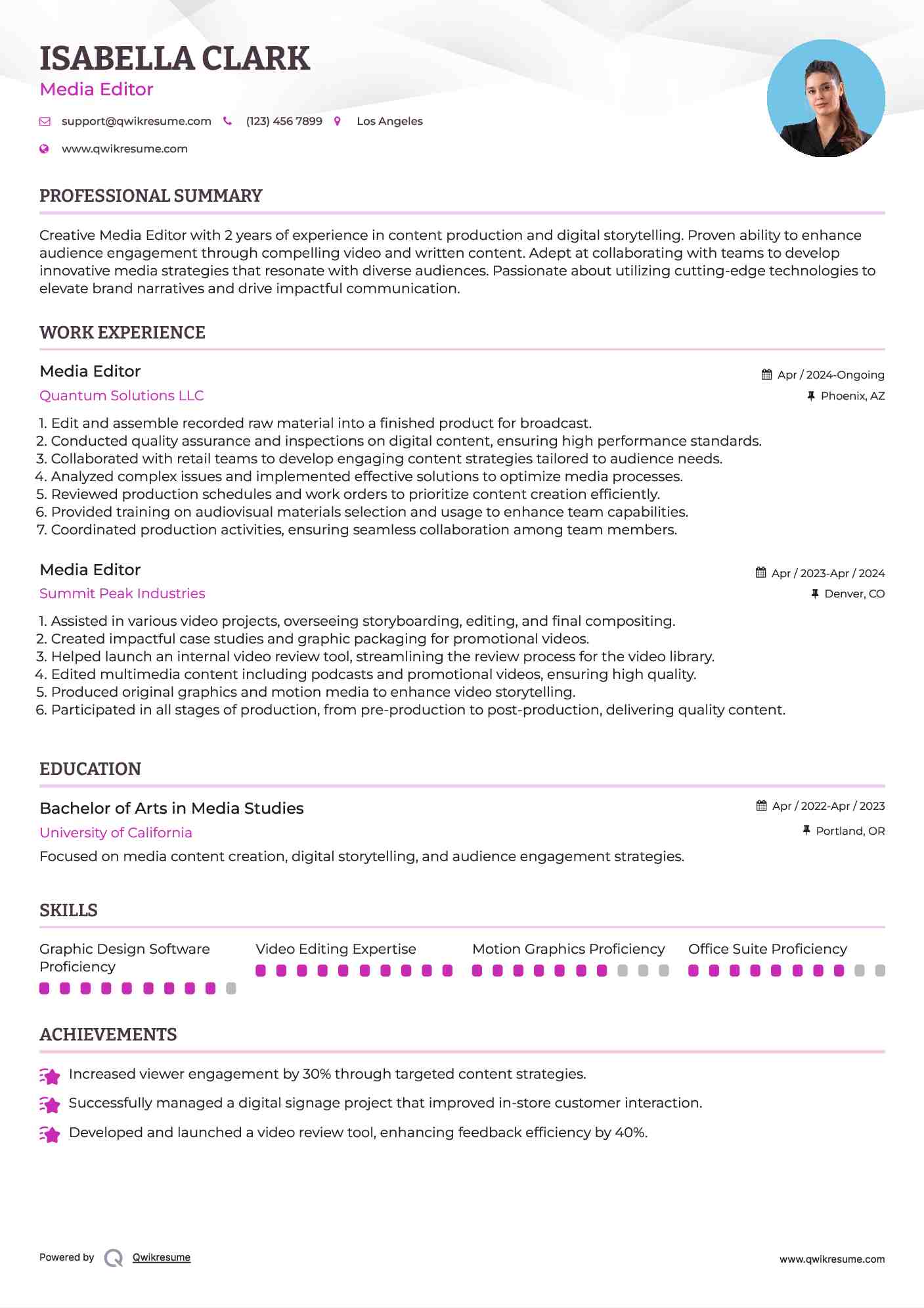 Media Editor Resume Template