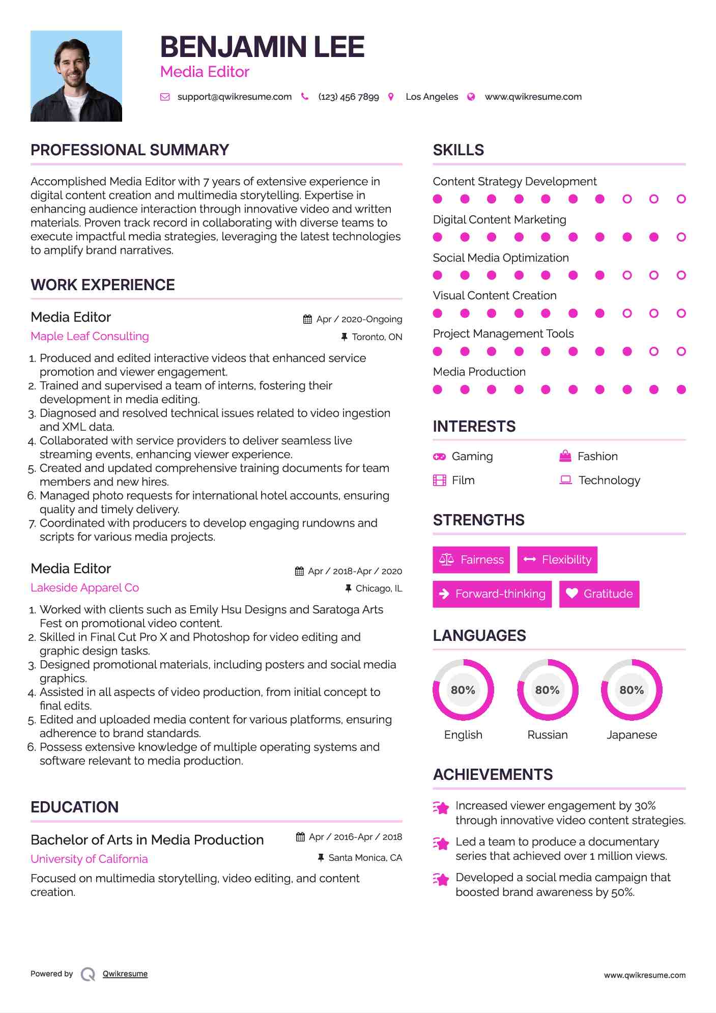 Media Editor Resume Template