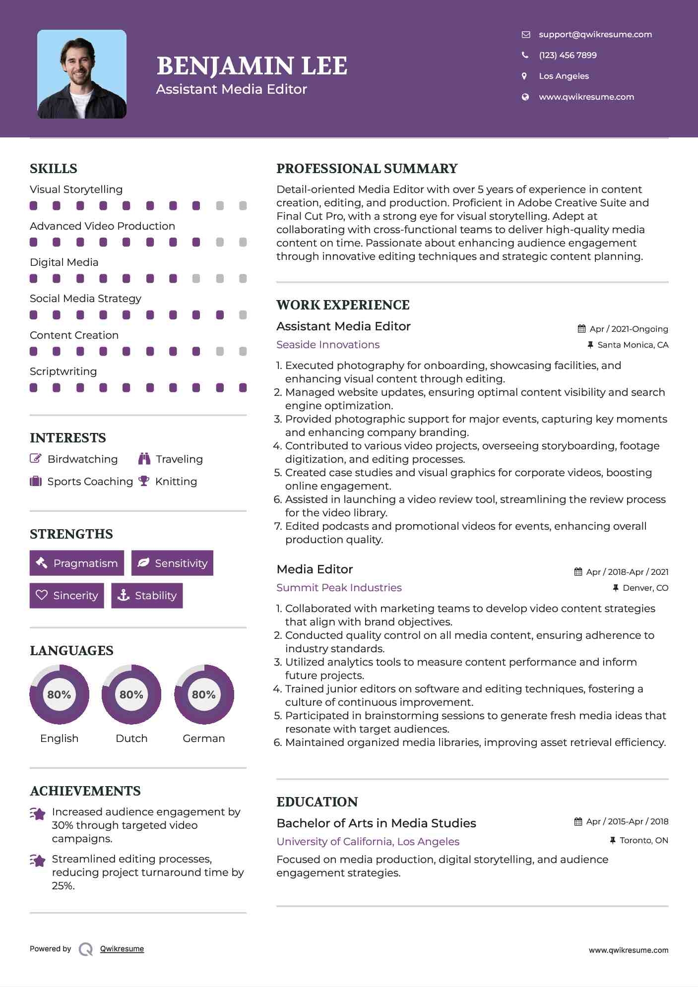 Assistant Media Editor Resume Format
