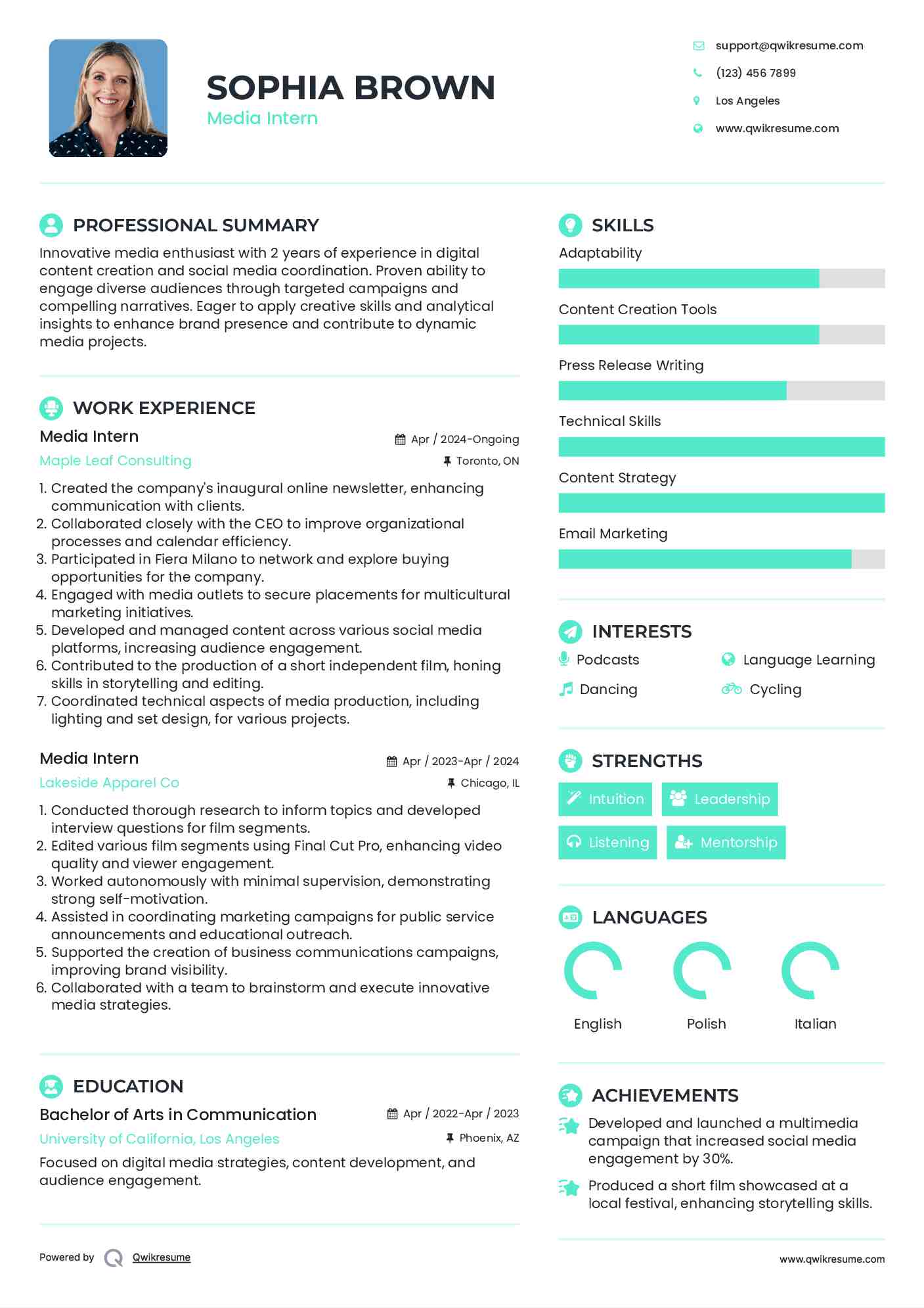 Media Intern Resume Model