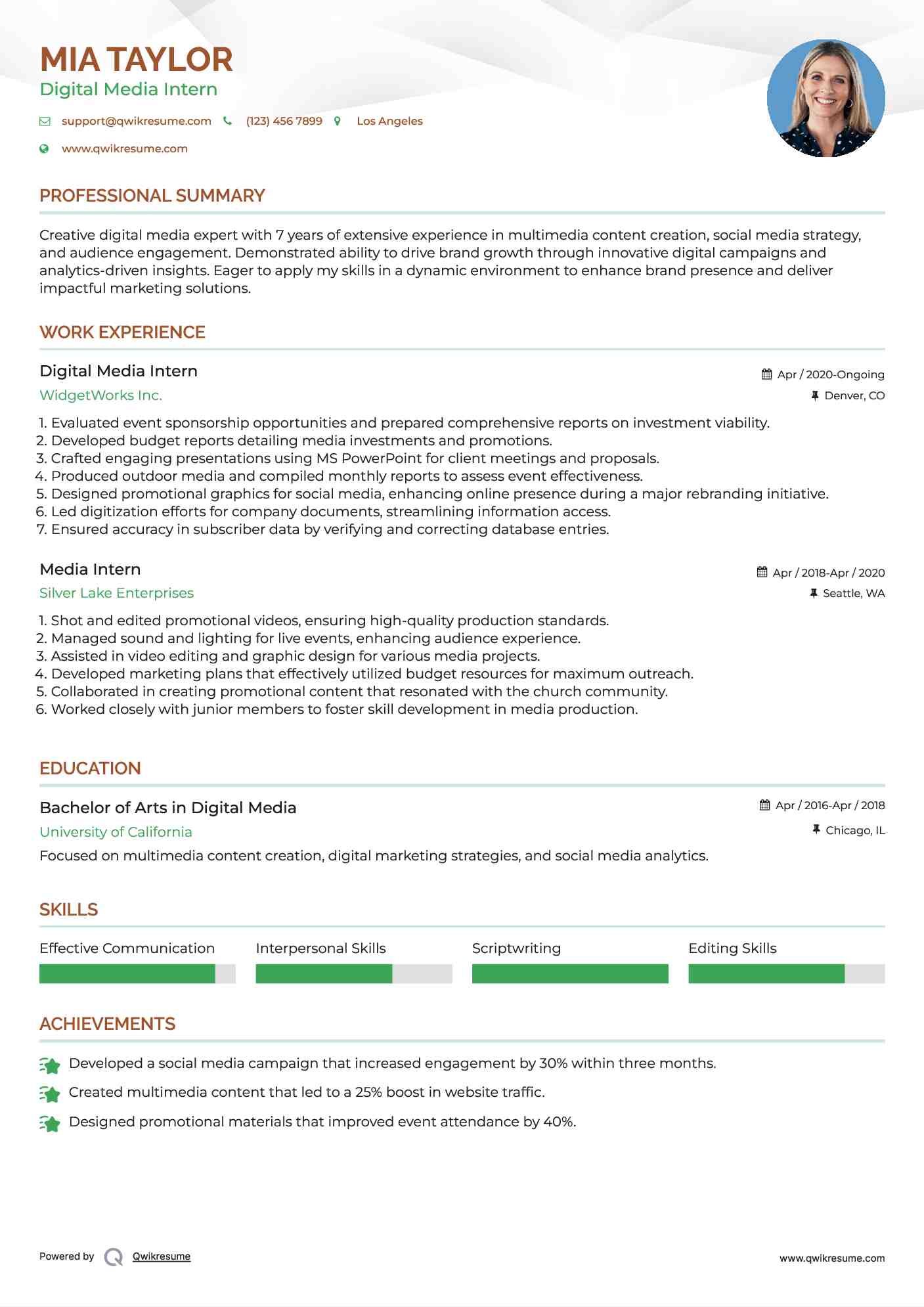 Digital Media Intern Resume Format