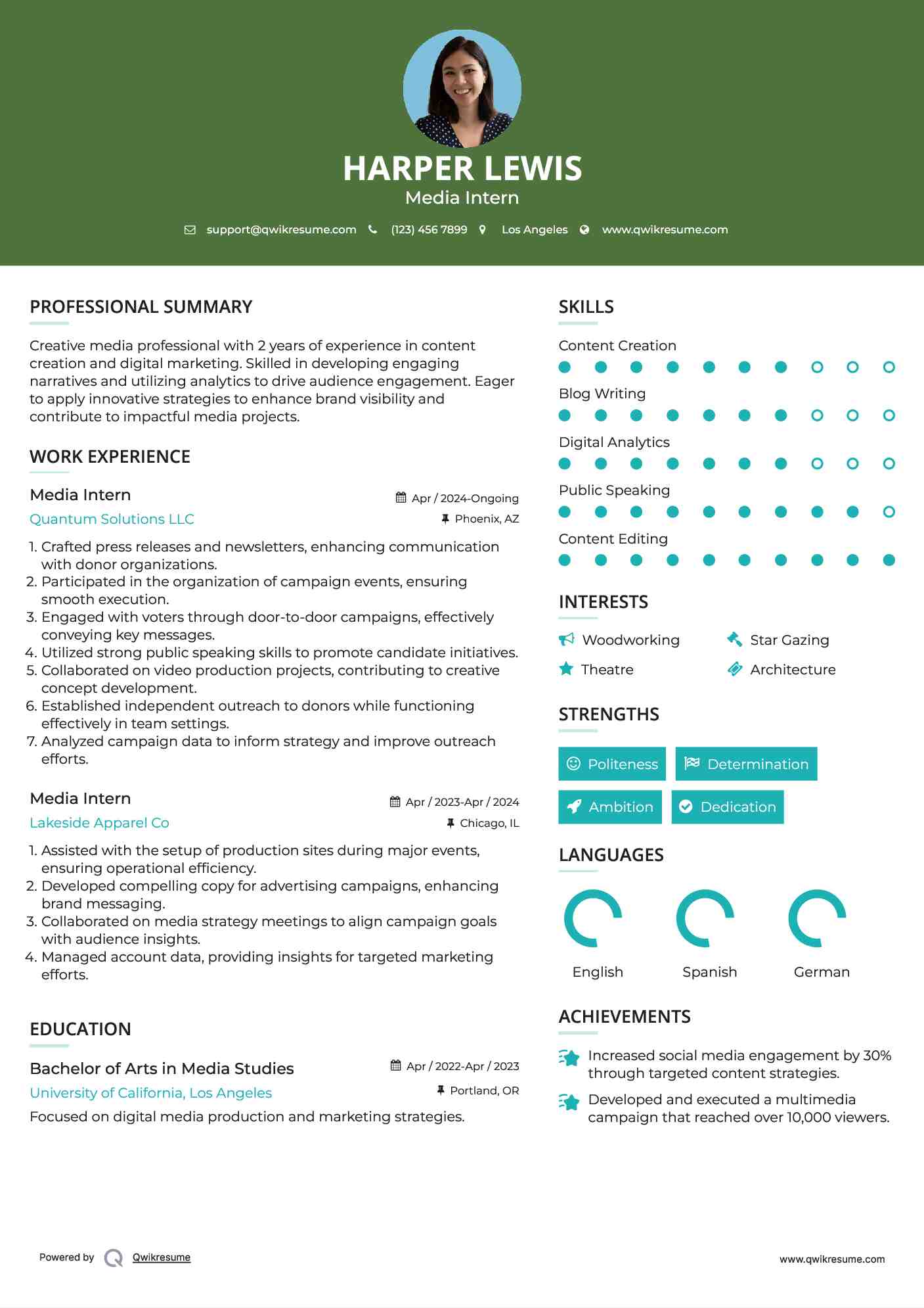 Media Intern Resume Example