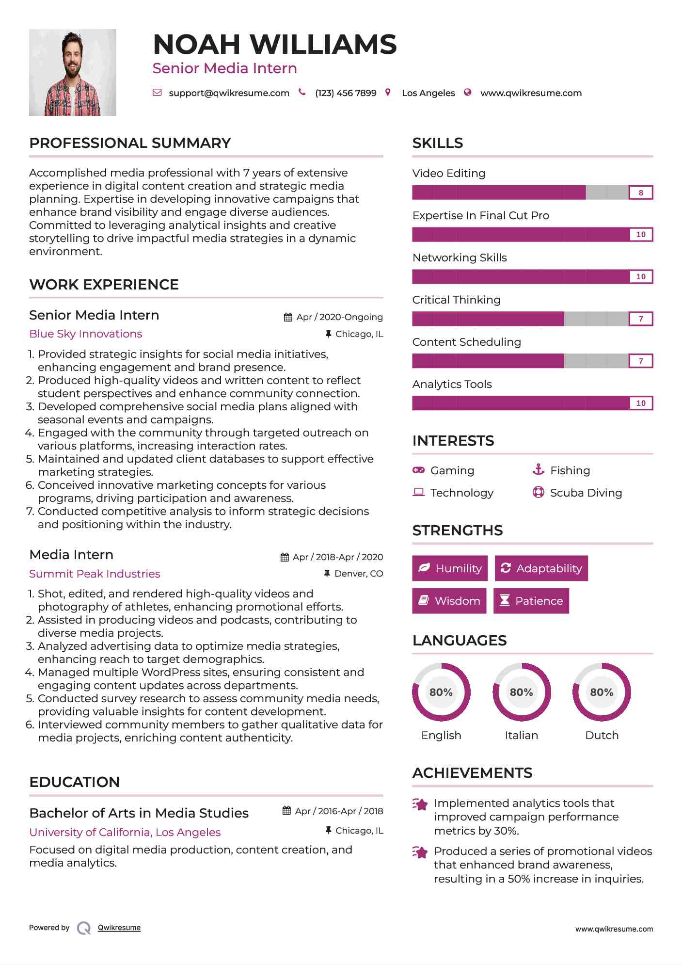 Senior Media Intern Resume Sample