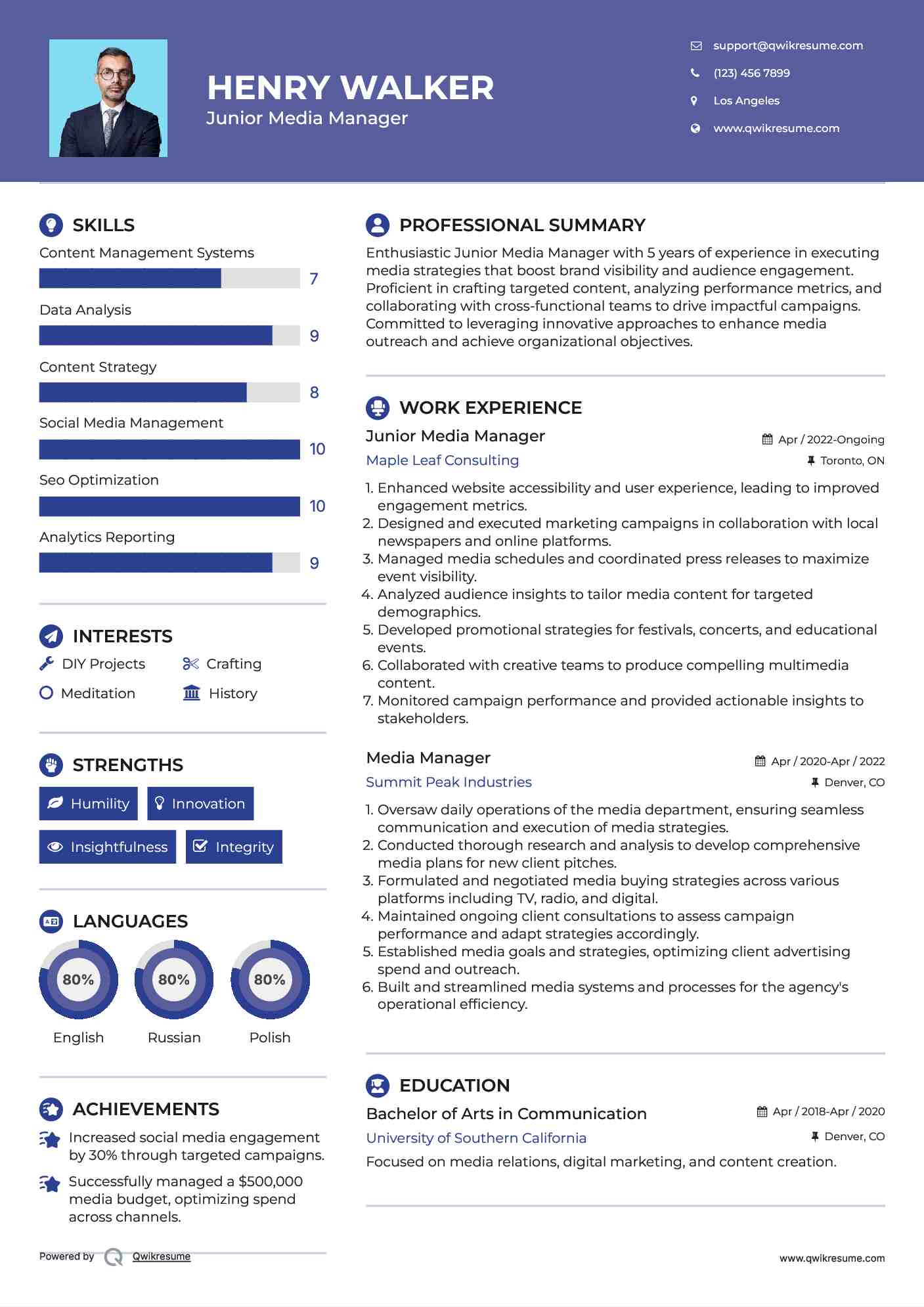 Junior Media Manager Resume Example